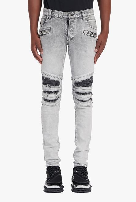 Slim cut ripped gray cotton jeans with synthetic leather panels - 5