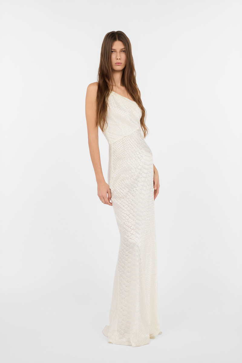 White One-Shoulder Dress with Scale Print 3