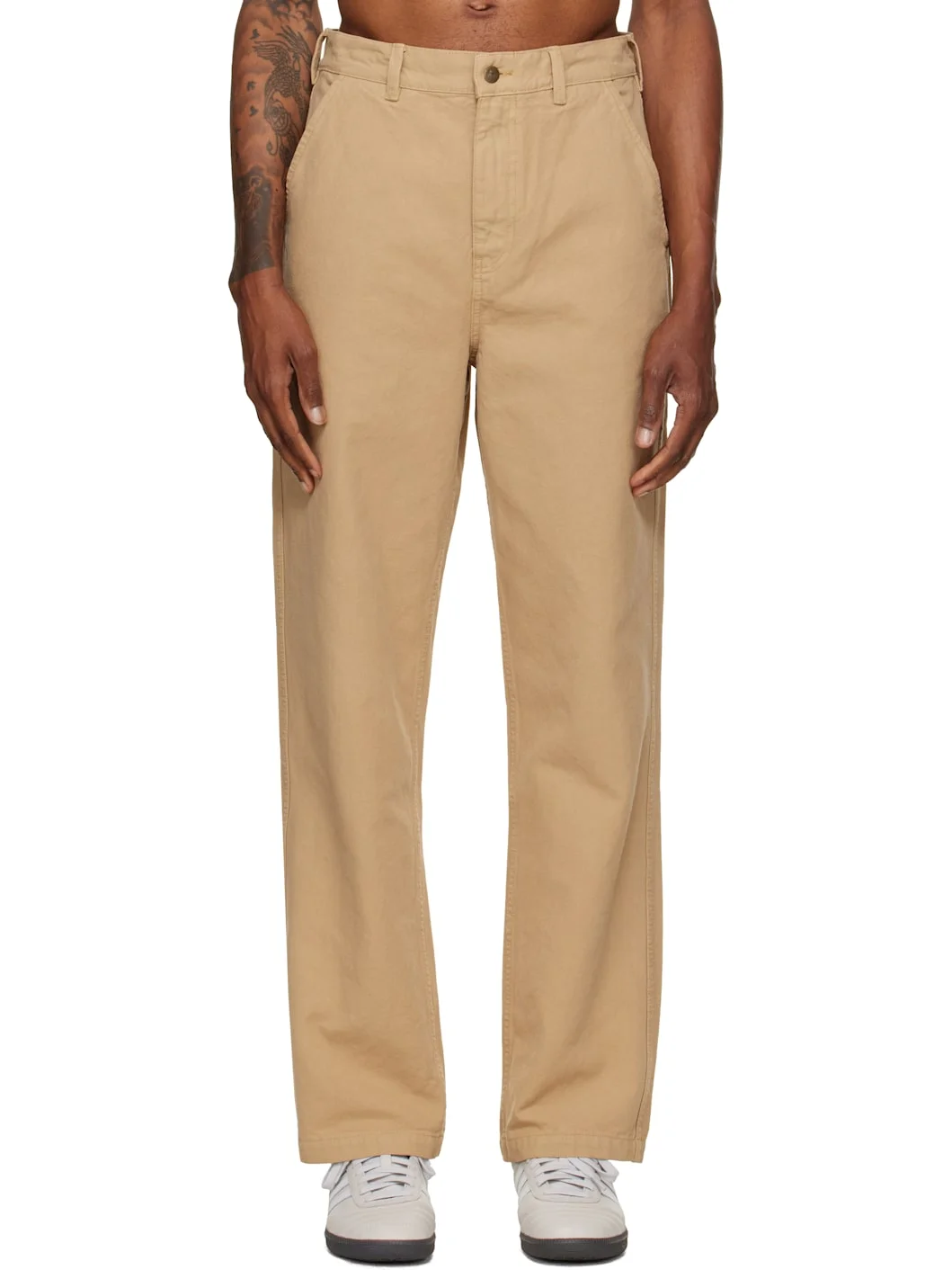 Beige Cotton Canvas Straight Leg Trousers - 1