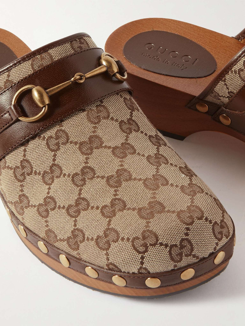Horsebit Leather-Trimmed Monogrammed Canvas Clogs 6