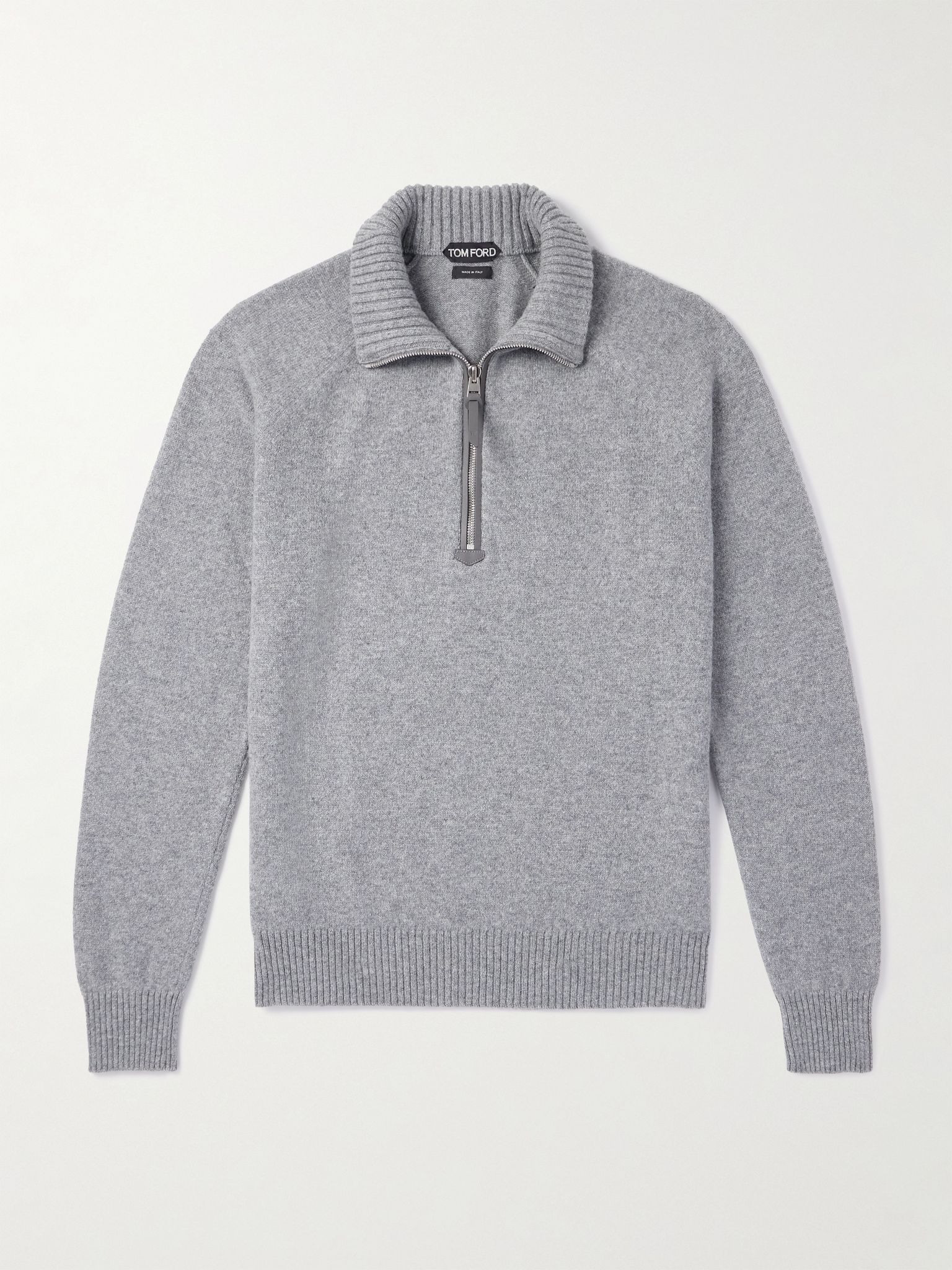 Leather-Trimmed Wool and Cashmere-Blend Half-Zip Rollneck Sweater Gray - 1