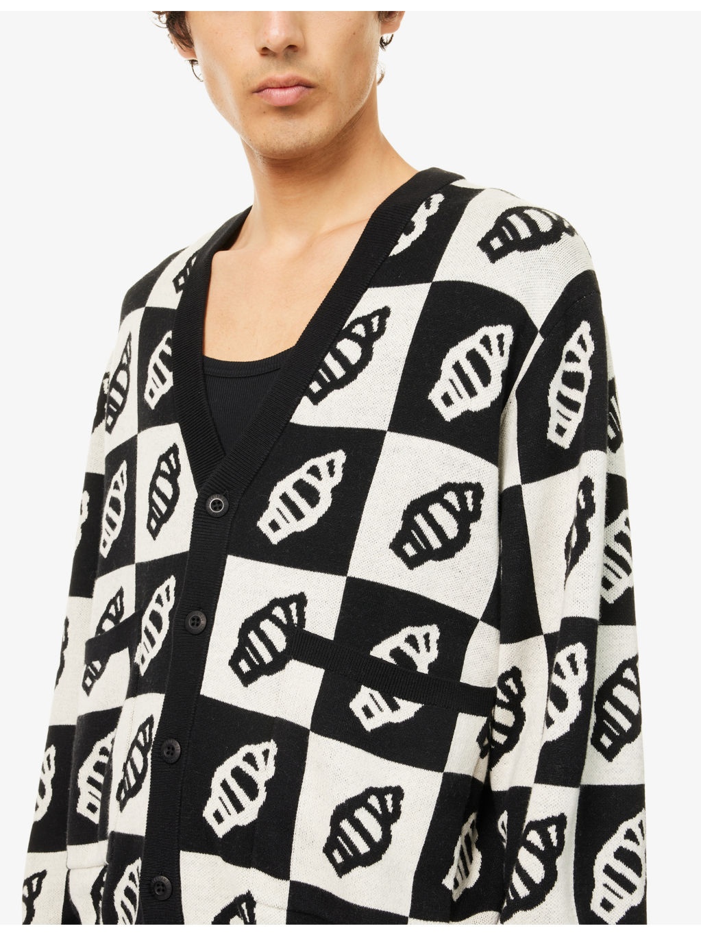 Checkerboard V-Neck Cotton And Wool Cardigan - 5