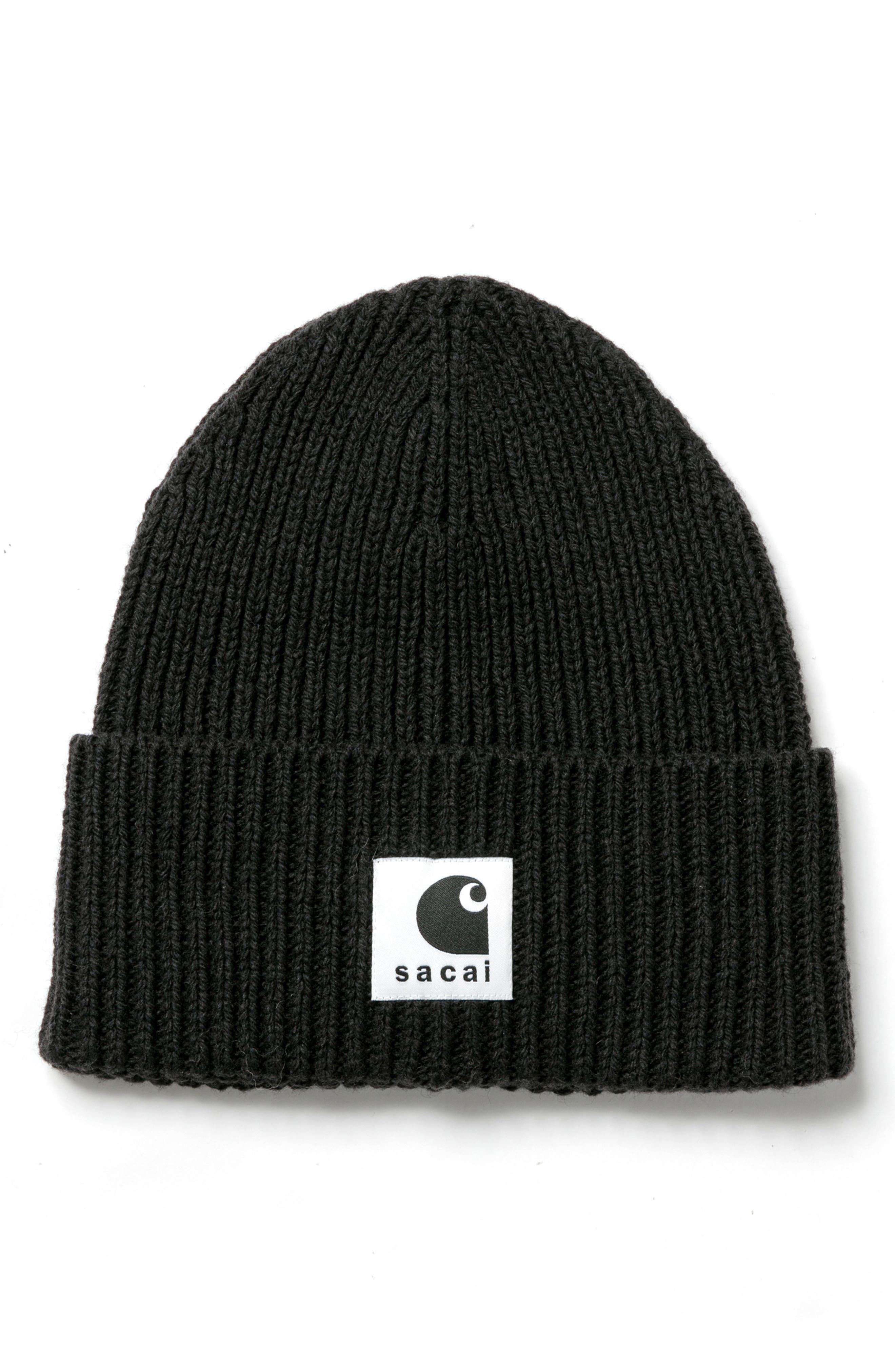 Sacai Carhartt WIP Rib Wool & Nylon Logo Beanie in Black at Nordstrom - 1