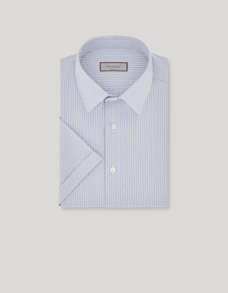 GREEN AND WHITE STRIPED SEERSUCKER COTTON SLIM-FIT SHIRT 1