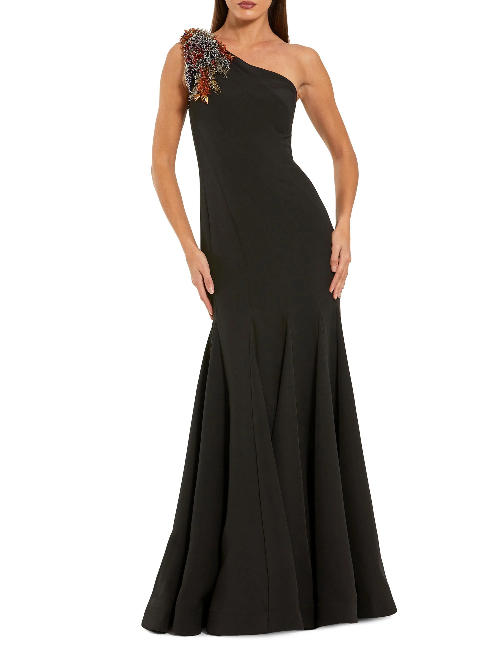 Women's One-Shoulder Beaded Crepe Mermaid Gown - Black Multi - 1