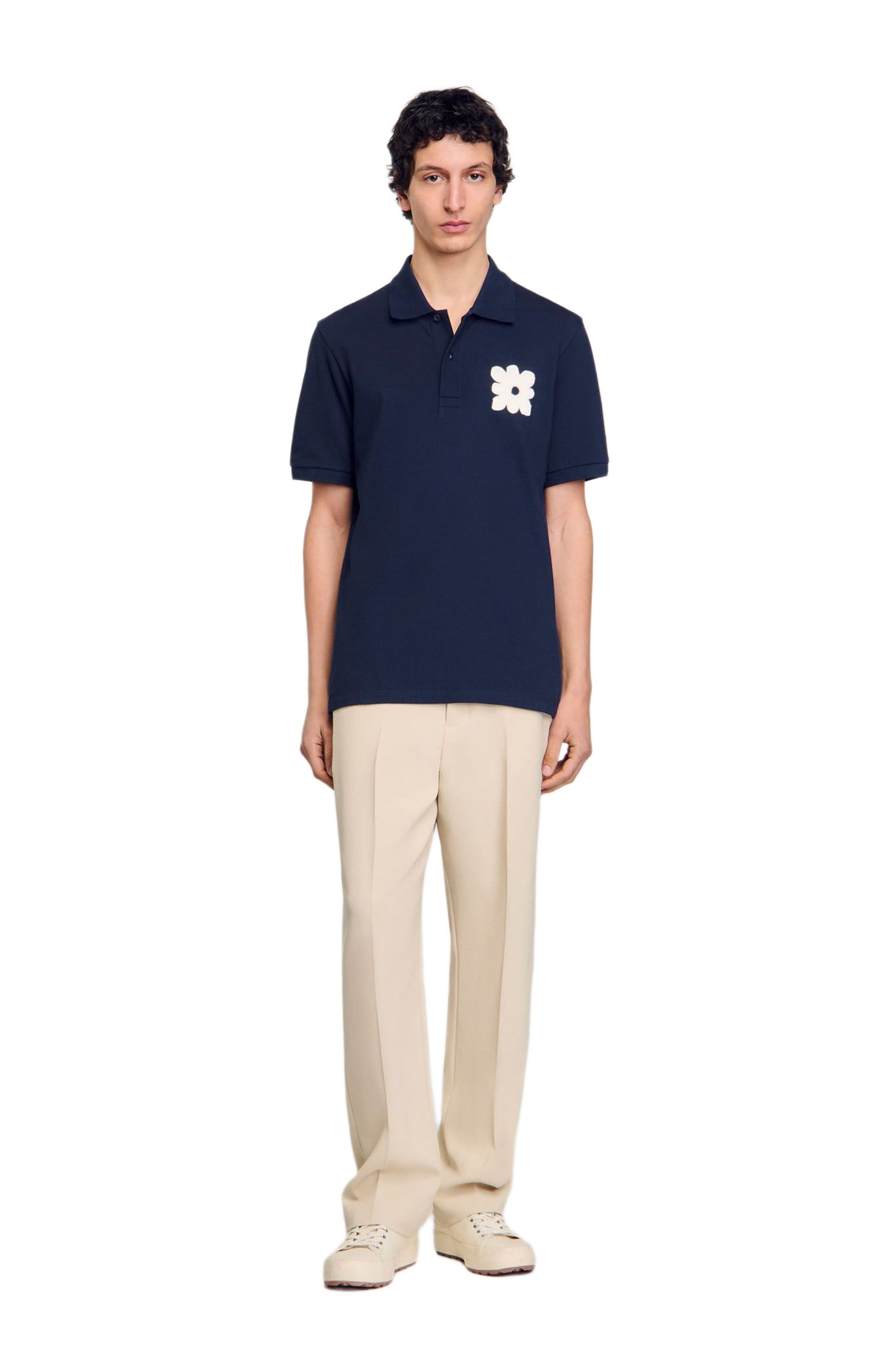 SANDRO Polo shirt with flower patch in Midnight Blue at Nordstrom - 1