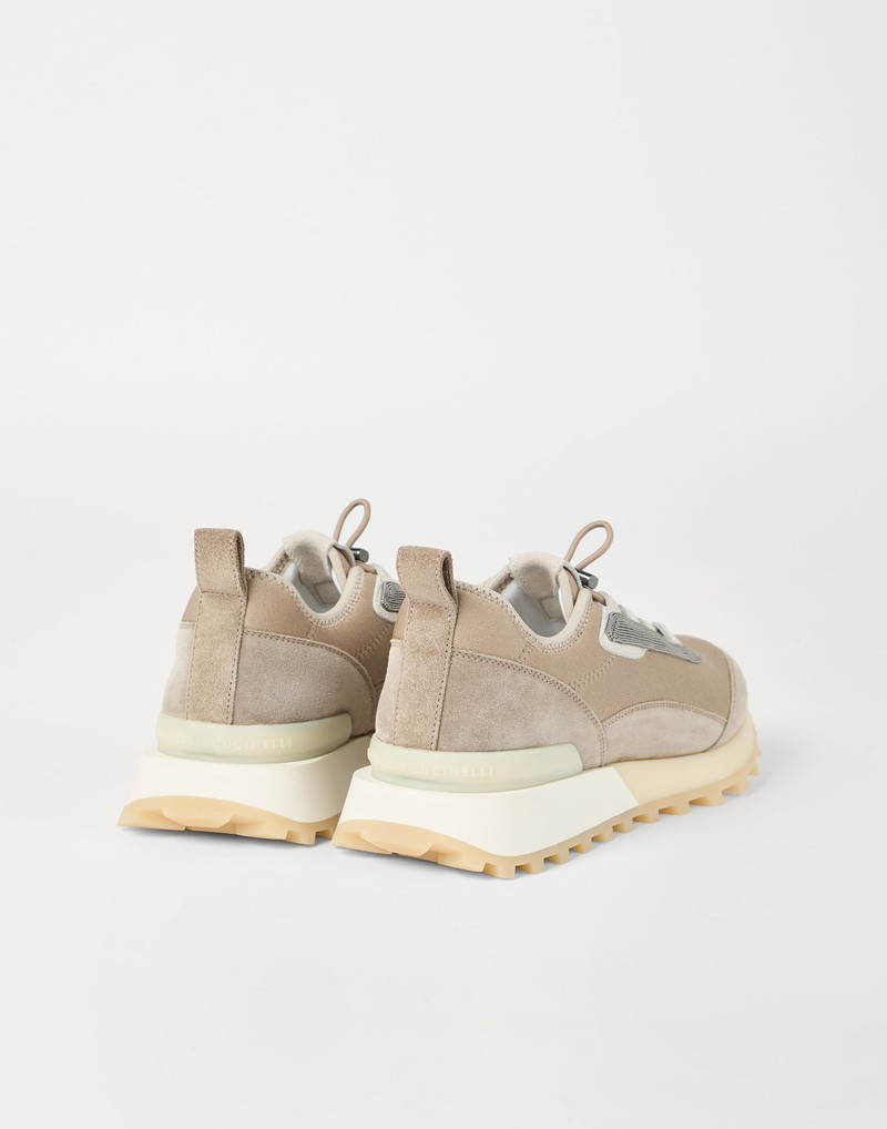 Brunello Cucinelli Techno fabric and suede runners with precious trim outlook