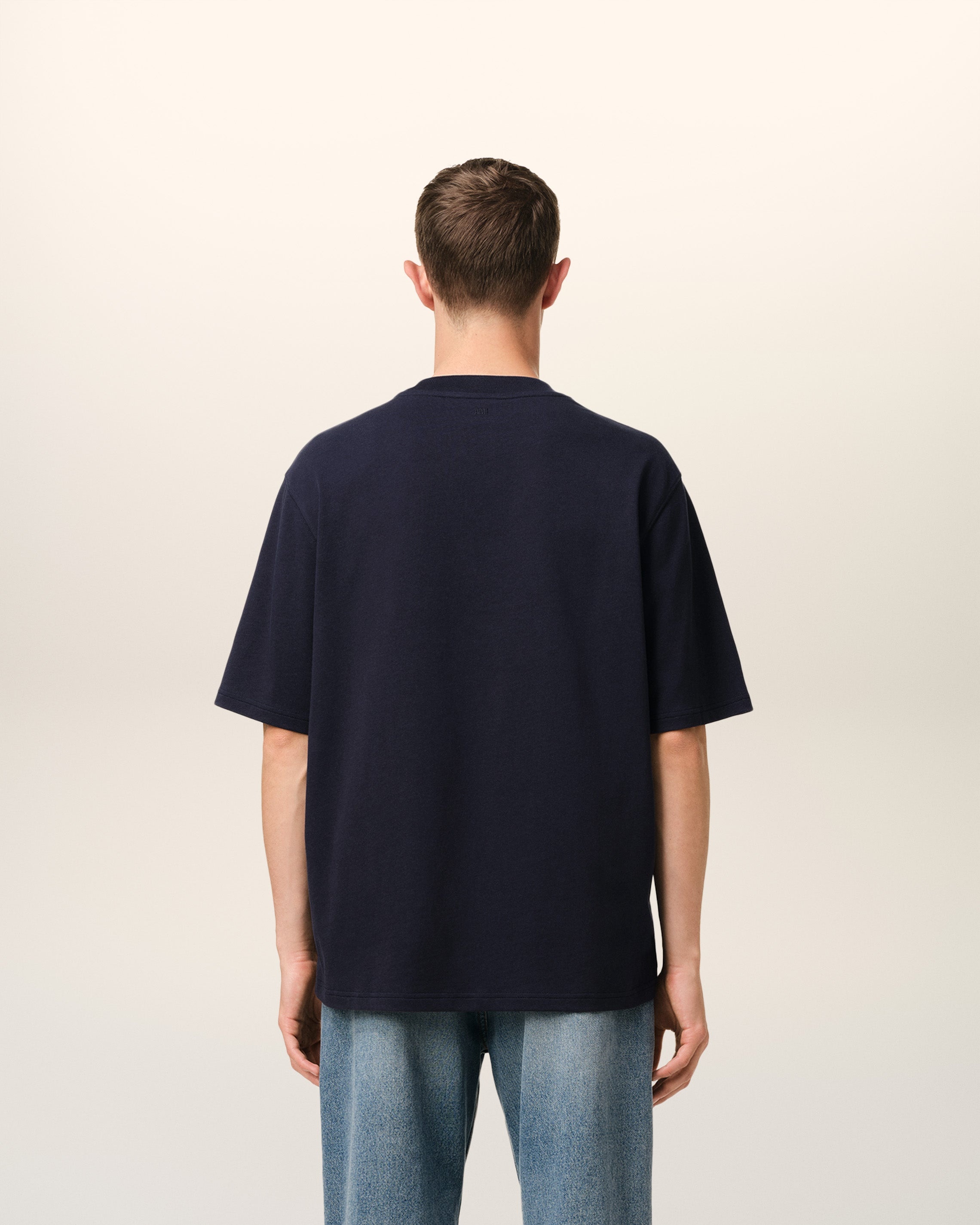 AMI Paris NAVY COTTON AMI DE COEUR PATCH T-SHIRT | REVERSIBLE