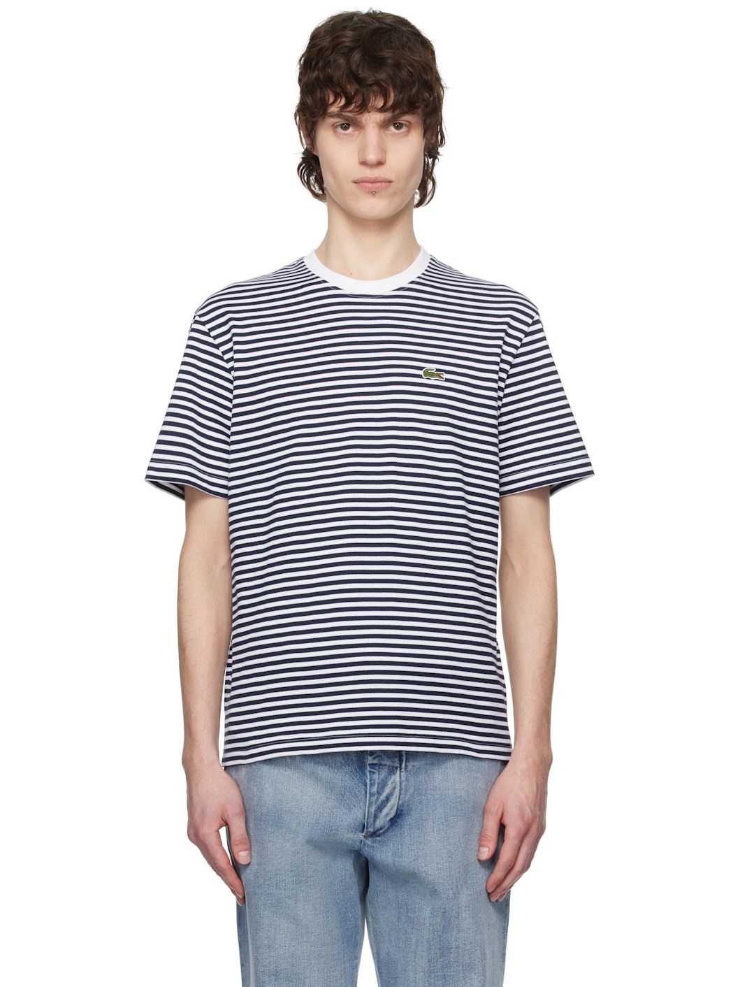 White & Navy Striped Heavy Cotton T-shirt - 1