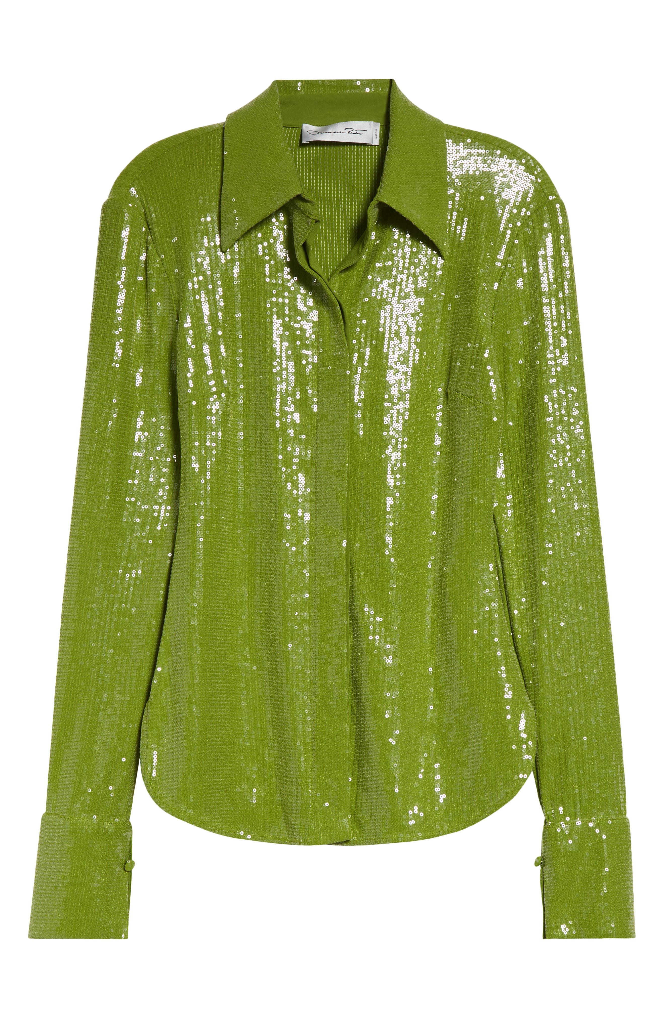 Oscar de la Renta Sequin Jersey Button-Up Shirt in Fern at Nordstrom - 6