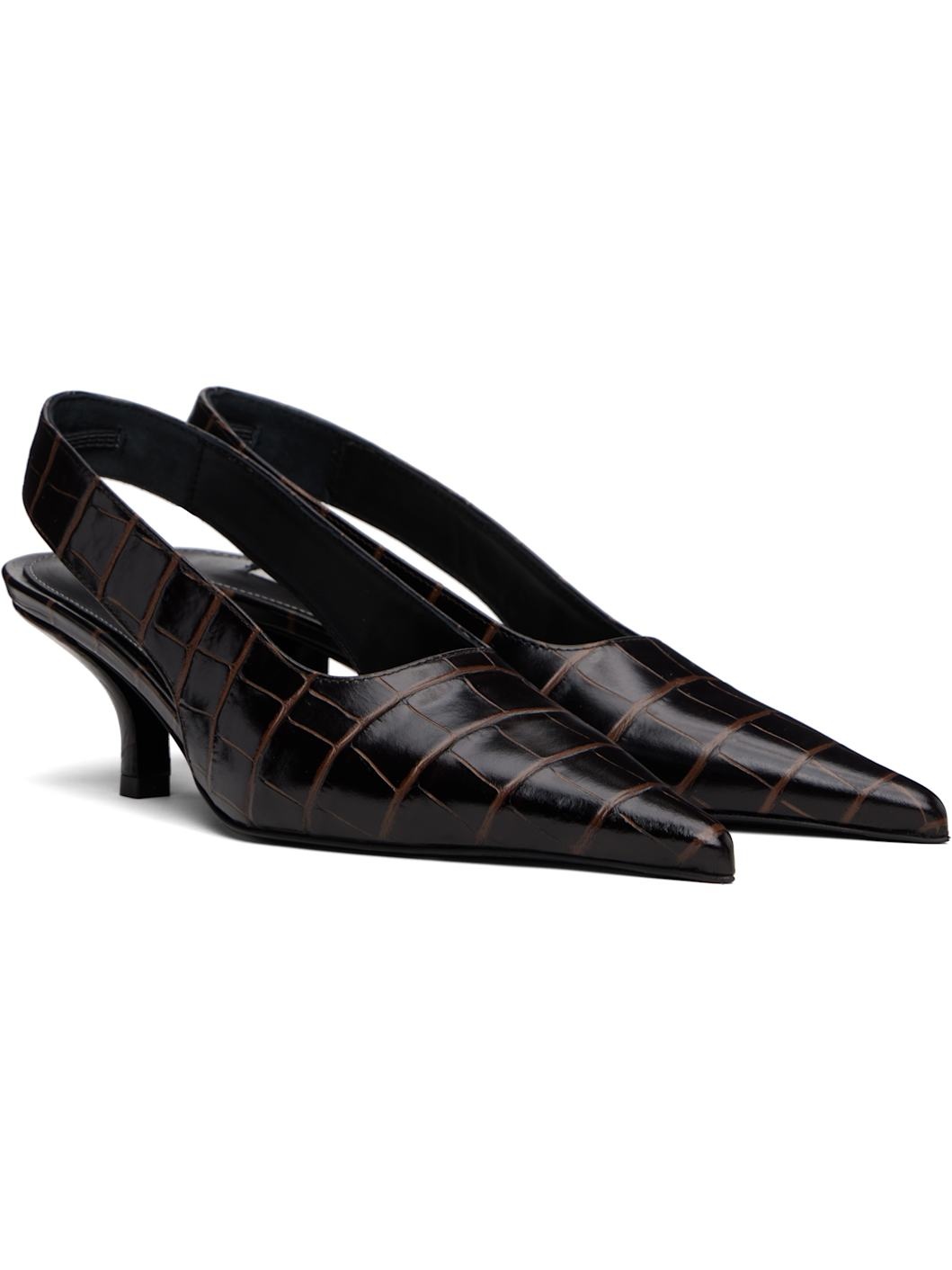 Brown Classic Croco-Embossed Slingback Heels - 4