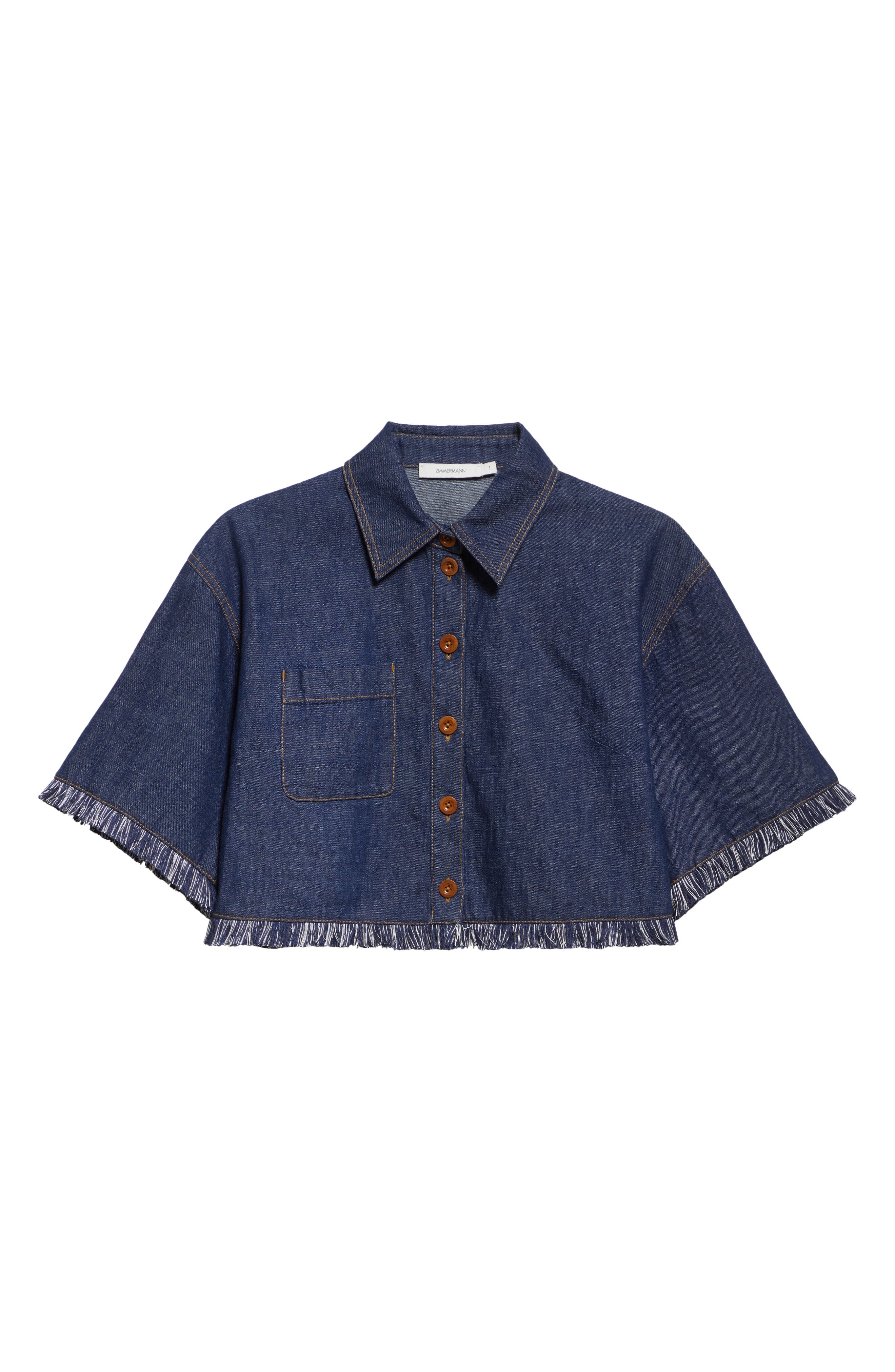 Zimmermann Rhiannon Fringe Trim Crop Denim Shirt in Atlantic at Nordstrom - 6