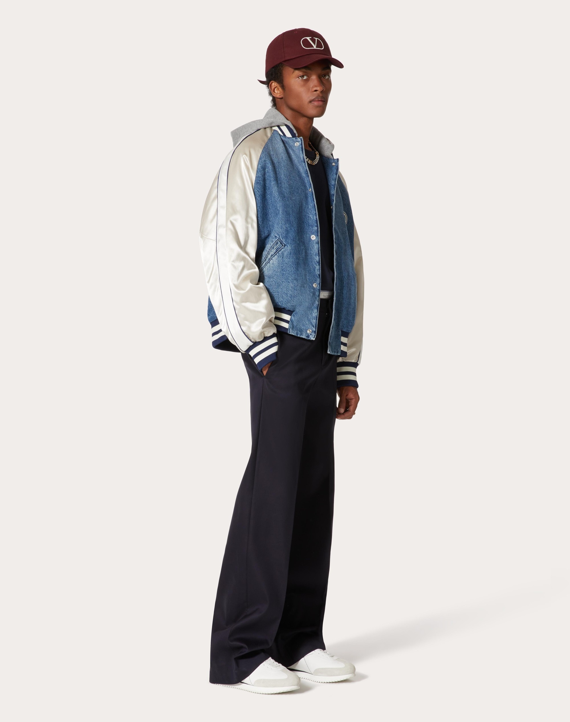DENIM BOMBER JACKET WITH SATIN SLEEVES AND VLOGO SIGNATURE PATCH - 2