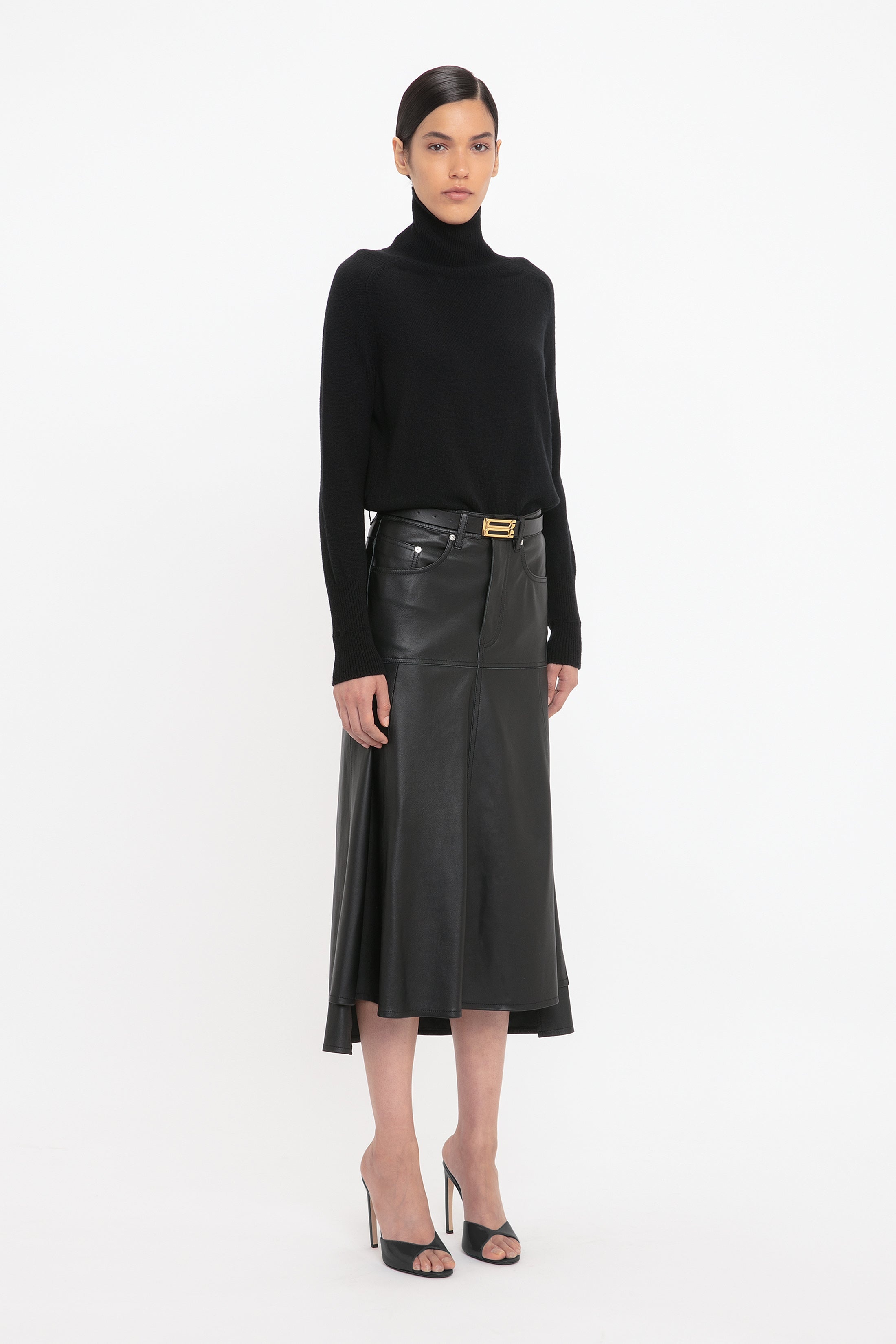 Panelled Flare Skirt In Soft Black Leather - 3