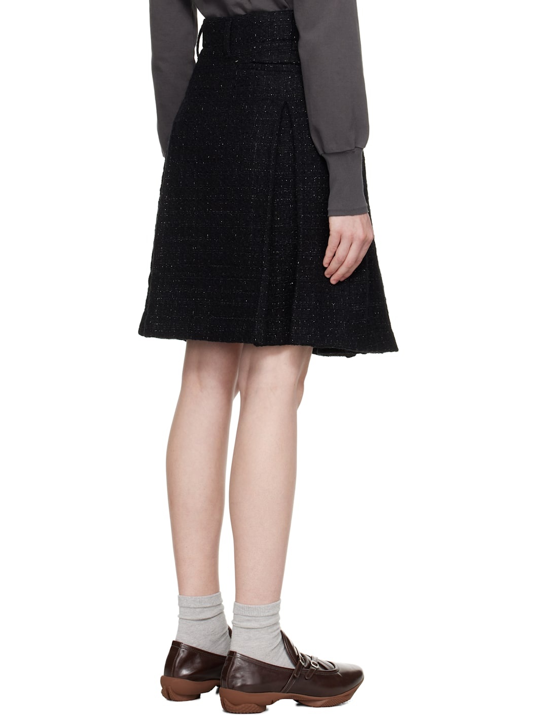 Black Tweed Pleats Midi Skirt - 3