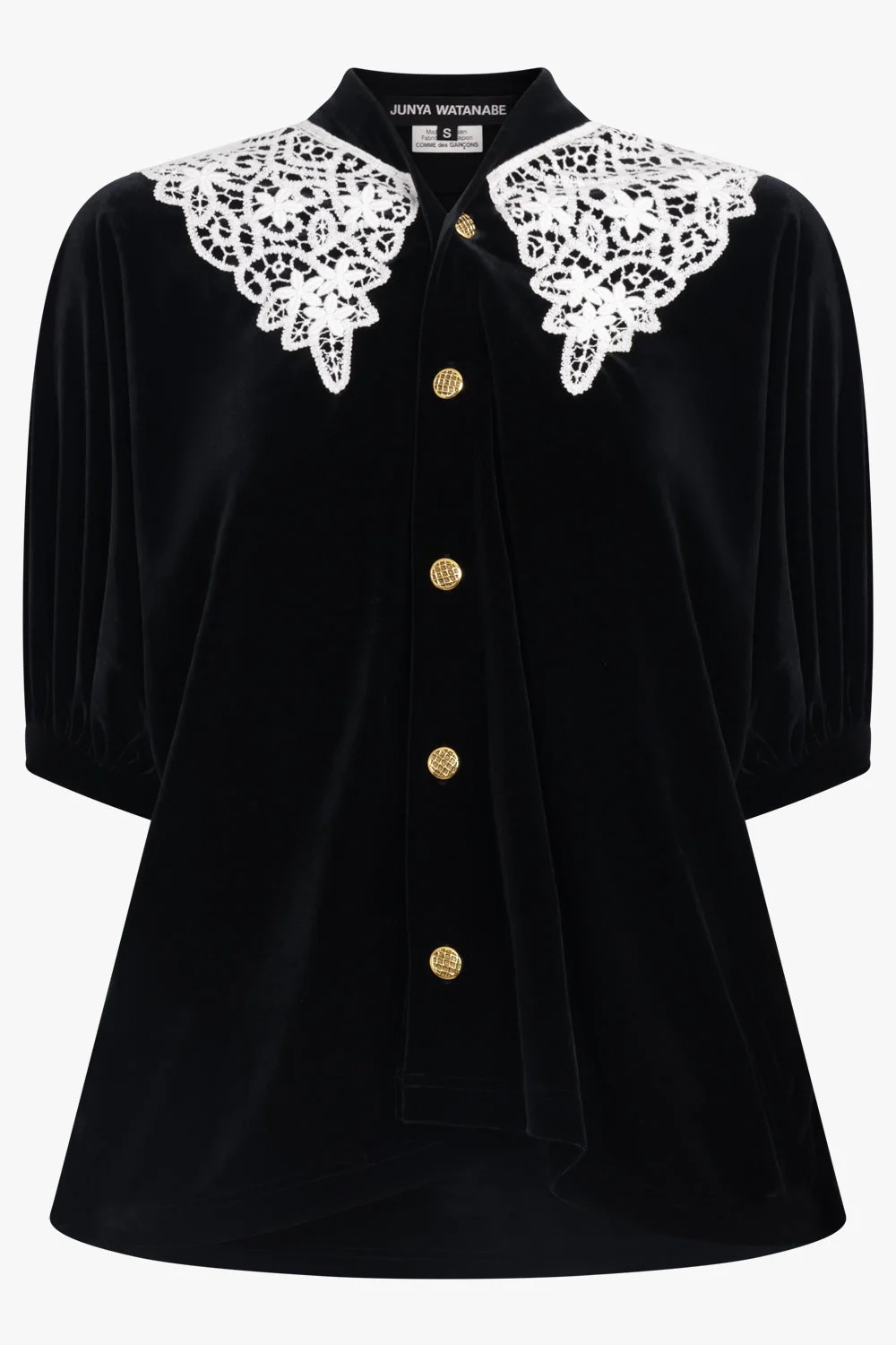 RELAXED VELVET S/S BLOUSE WITH CROCHET COLLAR | BLACK/WHITE - 1