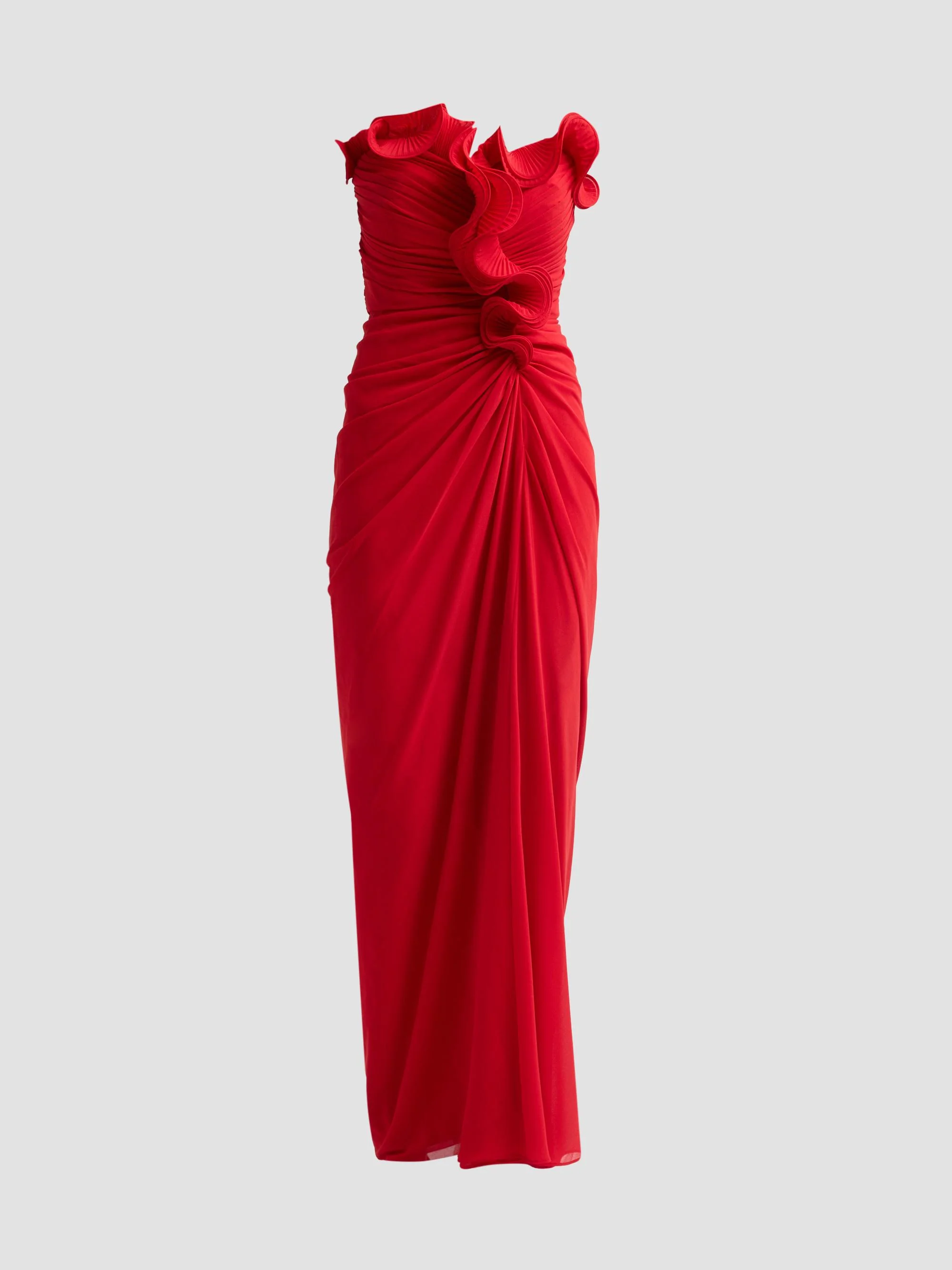 Women's Pleated Ruffle Chiffon Column Gown - Red - 1