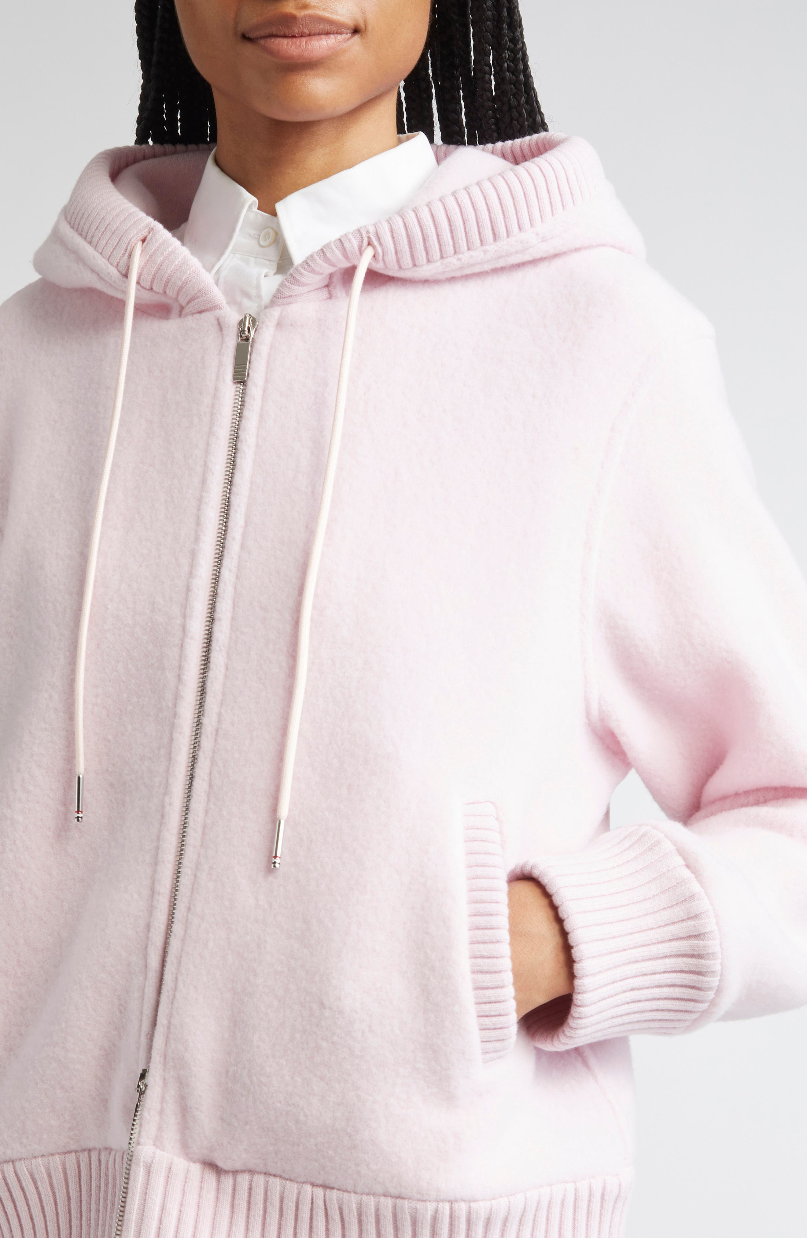 Thom Browne Wool Fleece Full Zip Hoodie in Light Pink at Nordstrom - 4