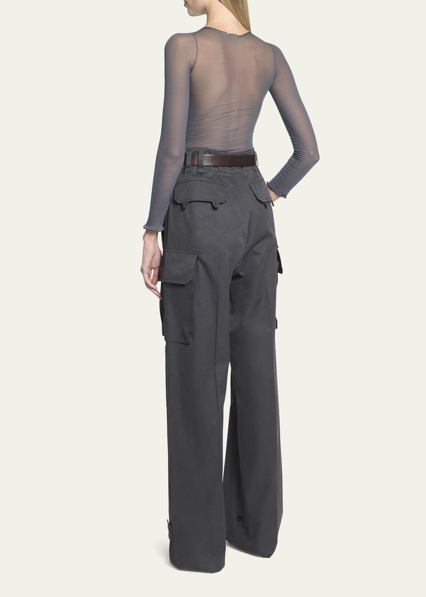Wide-Leg Cargo Pants with Leather Belt - 3