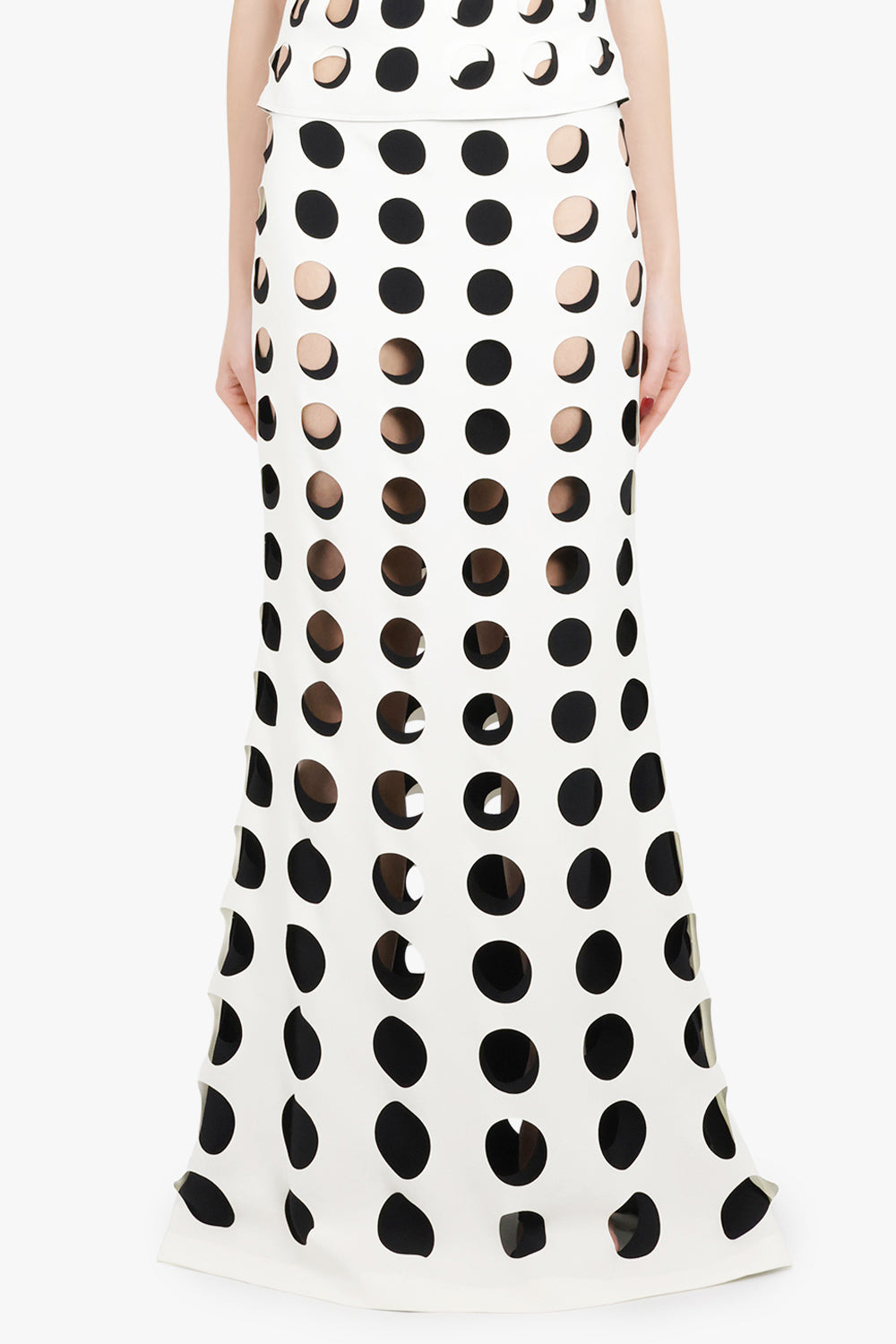 LAYERED HOLE DETAIL FLARED MAXI SKIRT | WHITE/BLACK - 3