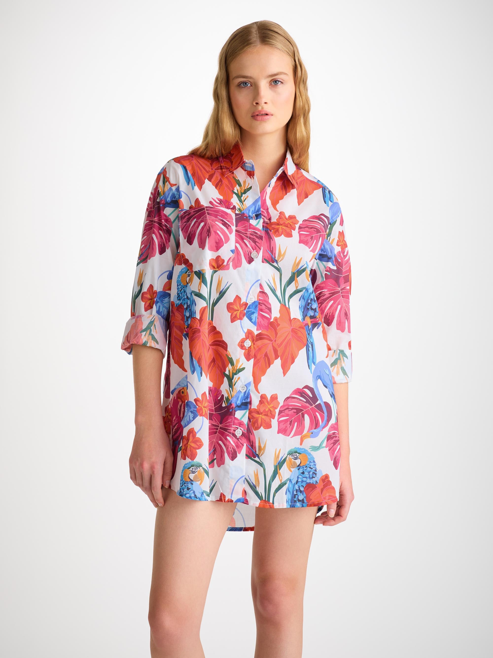 Women's Nightshirt Cotton Batiste White Jungle Birds Print - 3