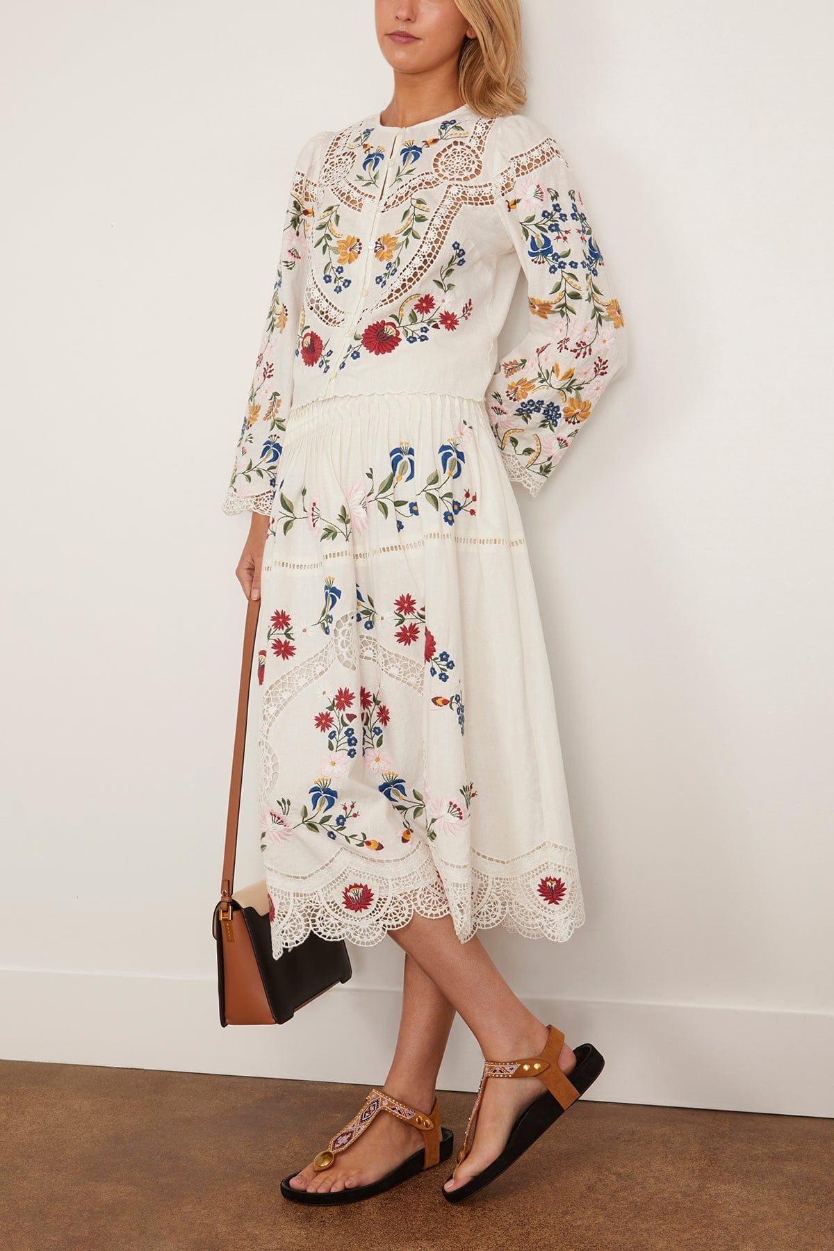 Celia Embroidery Midi Skirt in Cream - 2
