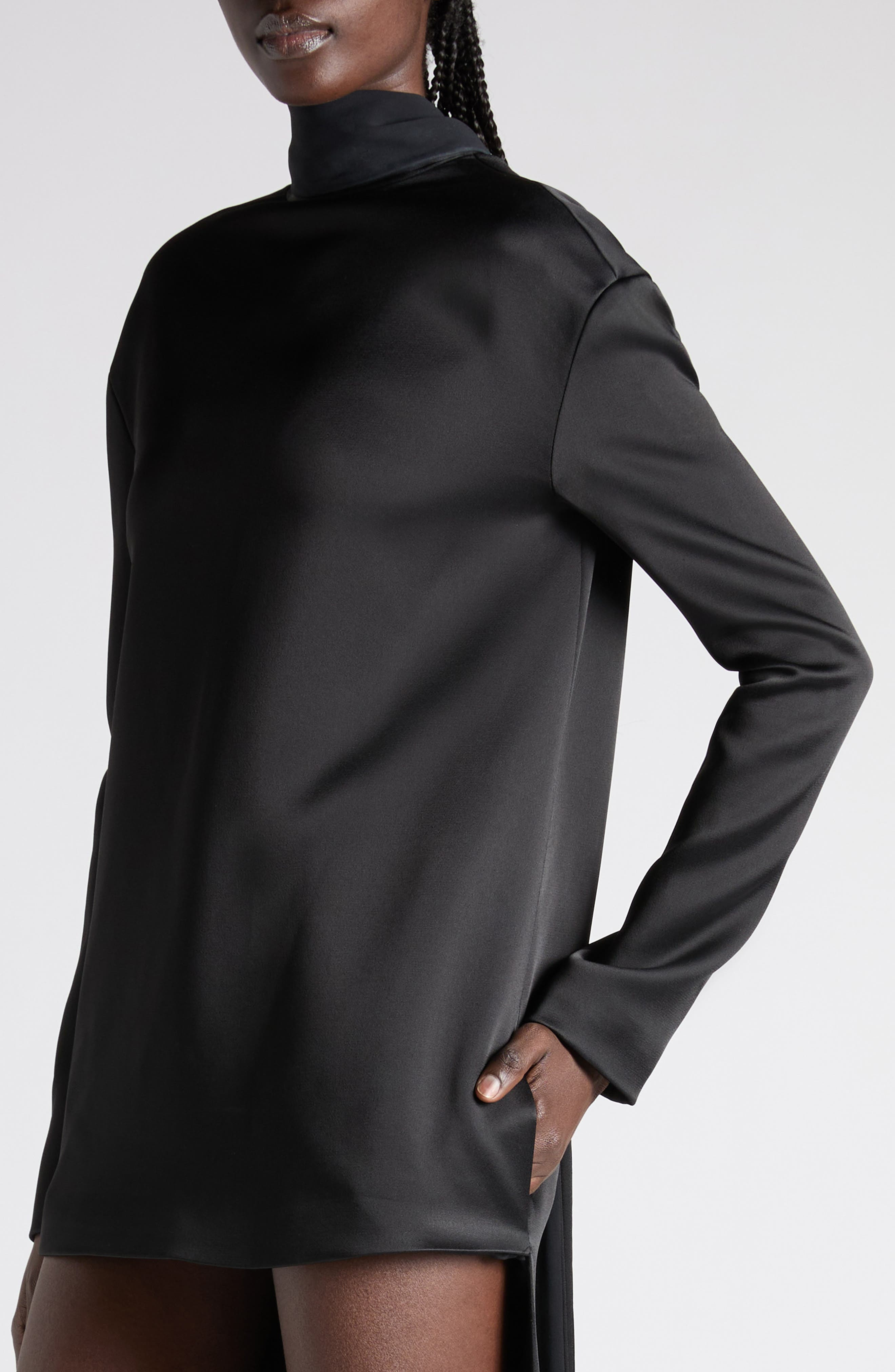 TOM FORD Long Sleeve Satin Cocktail Dress with Train in Black at Nordstrom - 5