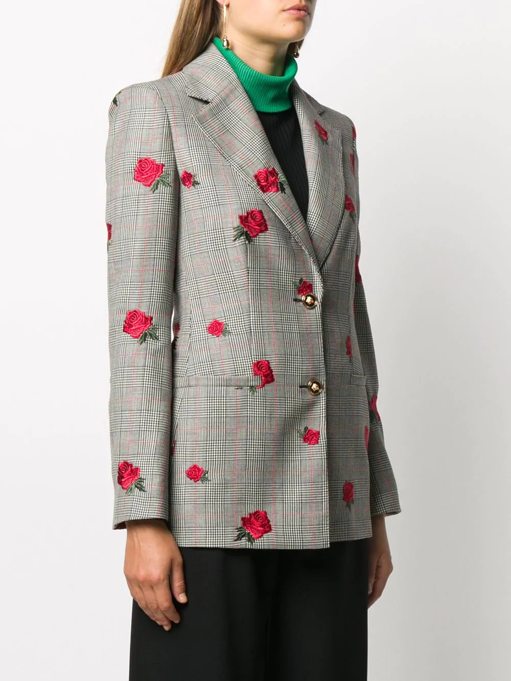 rose-embroidered check blazer - 3