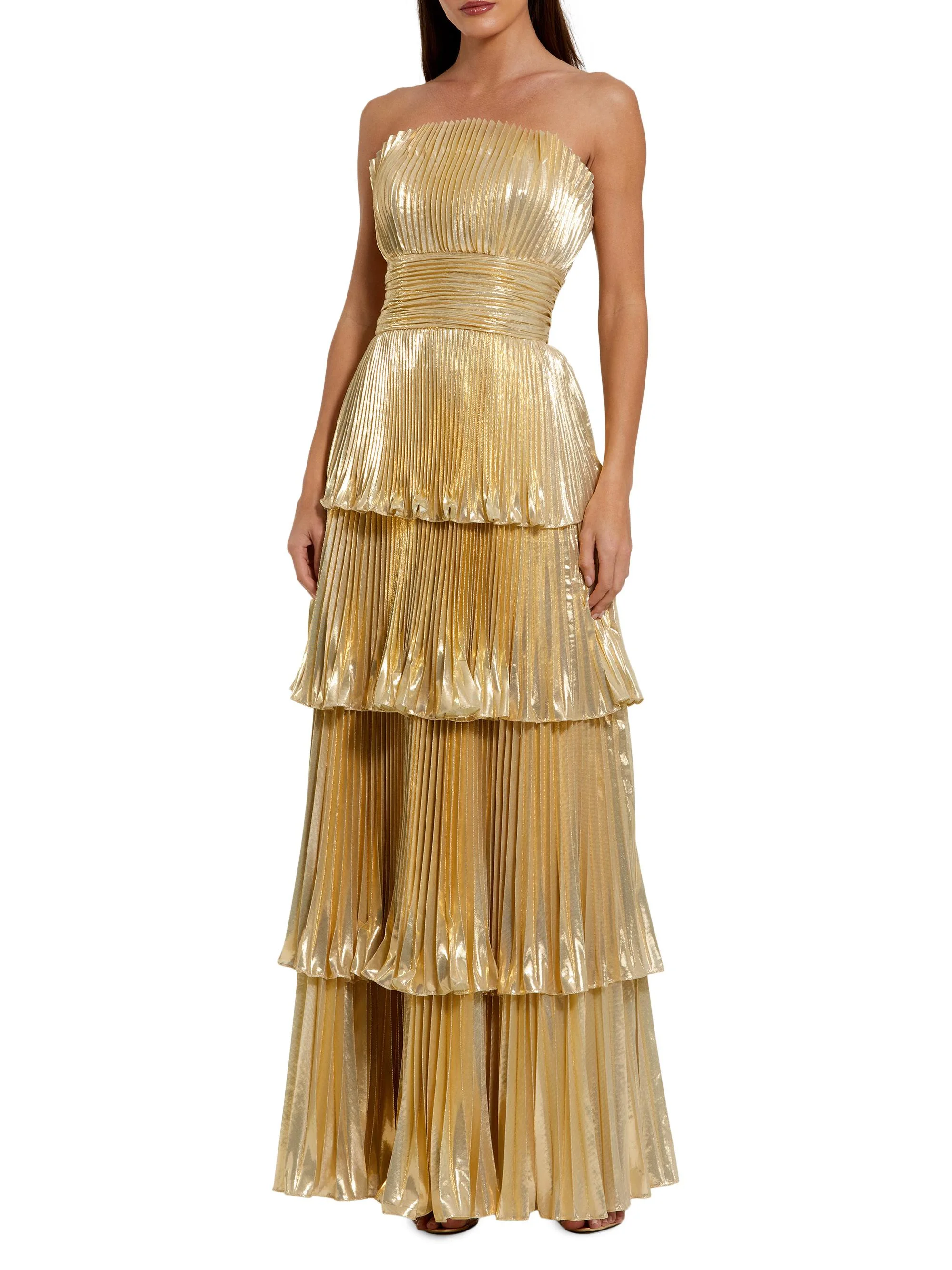 Women's Metallic Pleated Strapless Tiered Gown - Gold - 1