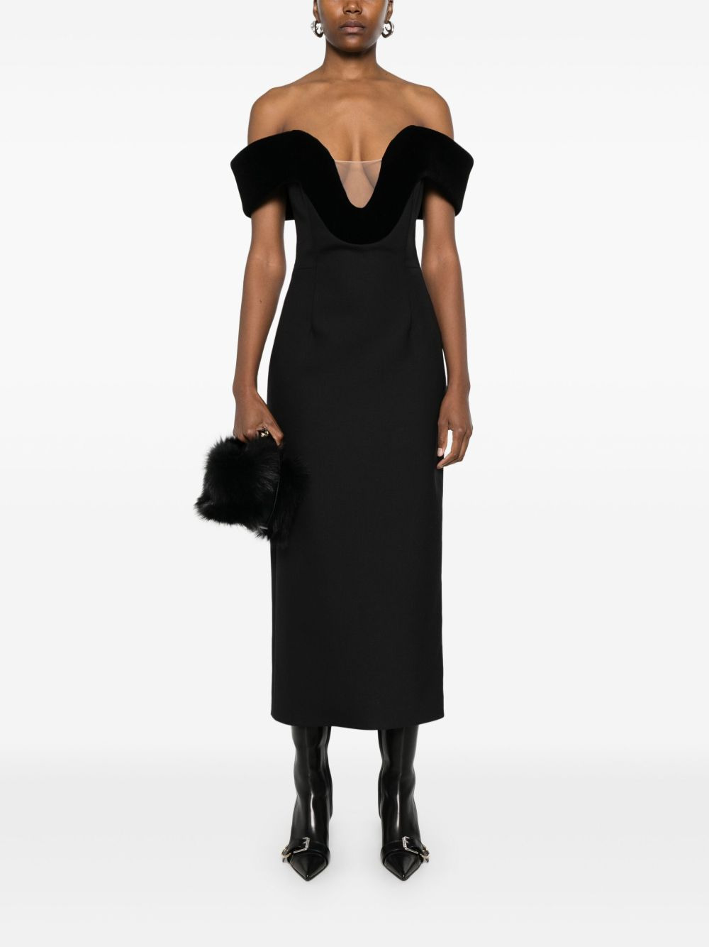off-shoulder velvet-detail midi dress - 2