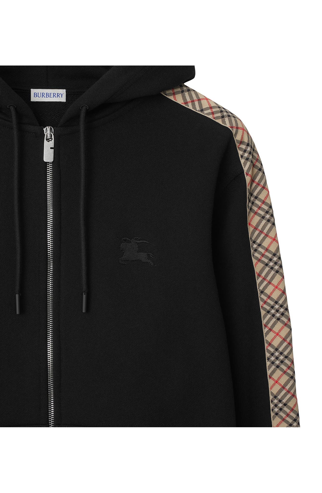 burberry EKD Embroidered Check Trim French Terry Full Zip Hoodie in Black at Nordstrom - 6