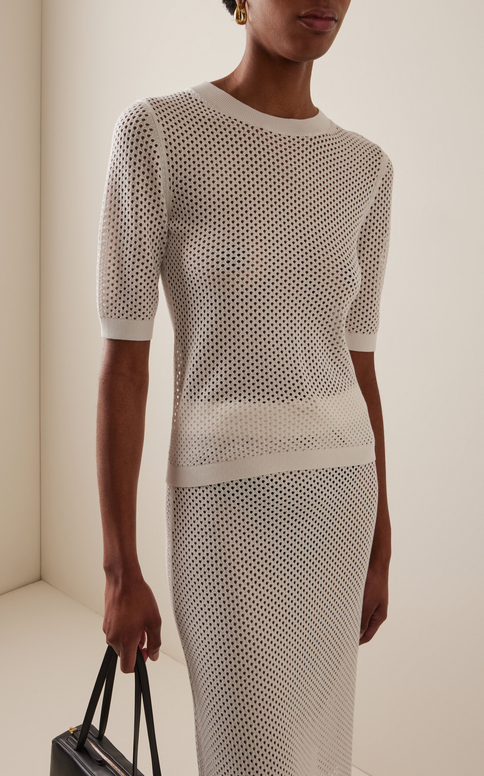 Cropped-Sleeve Cotton-Blend Mesh Sweater white - 2