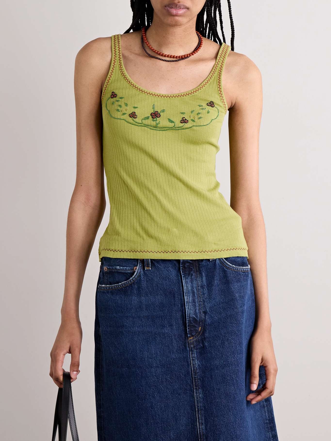 Dahlia bead-embellished ribbed cotton-jersey tank - 3