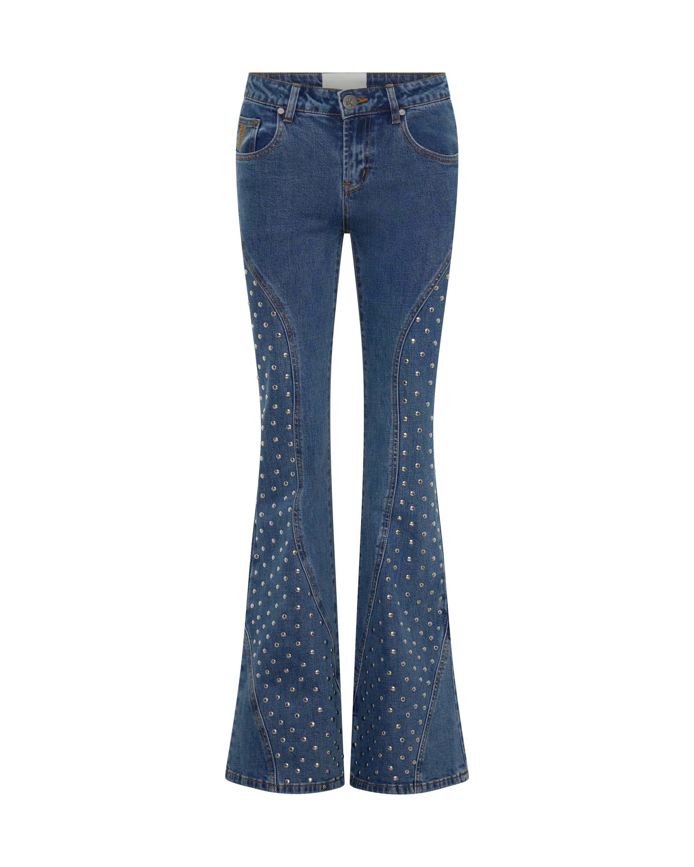 Chrome Edge Mid Waist Flared Studded Denim Jeans - Eclipse Blue - 1