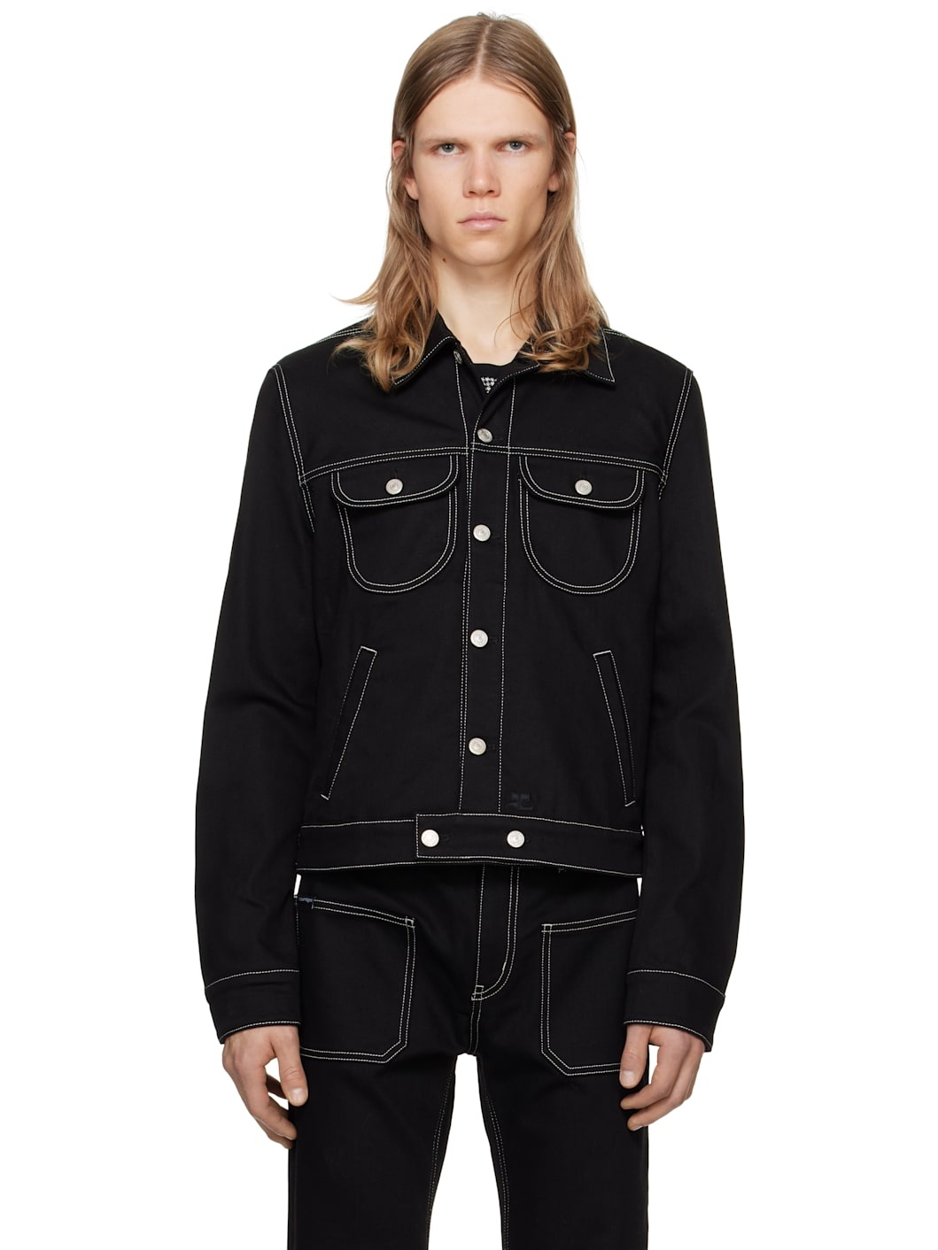 Black Topstitched Denim Trucker Jacket - 1