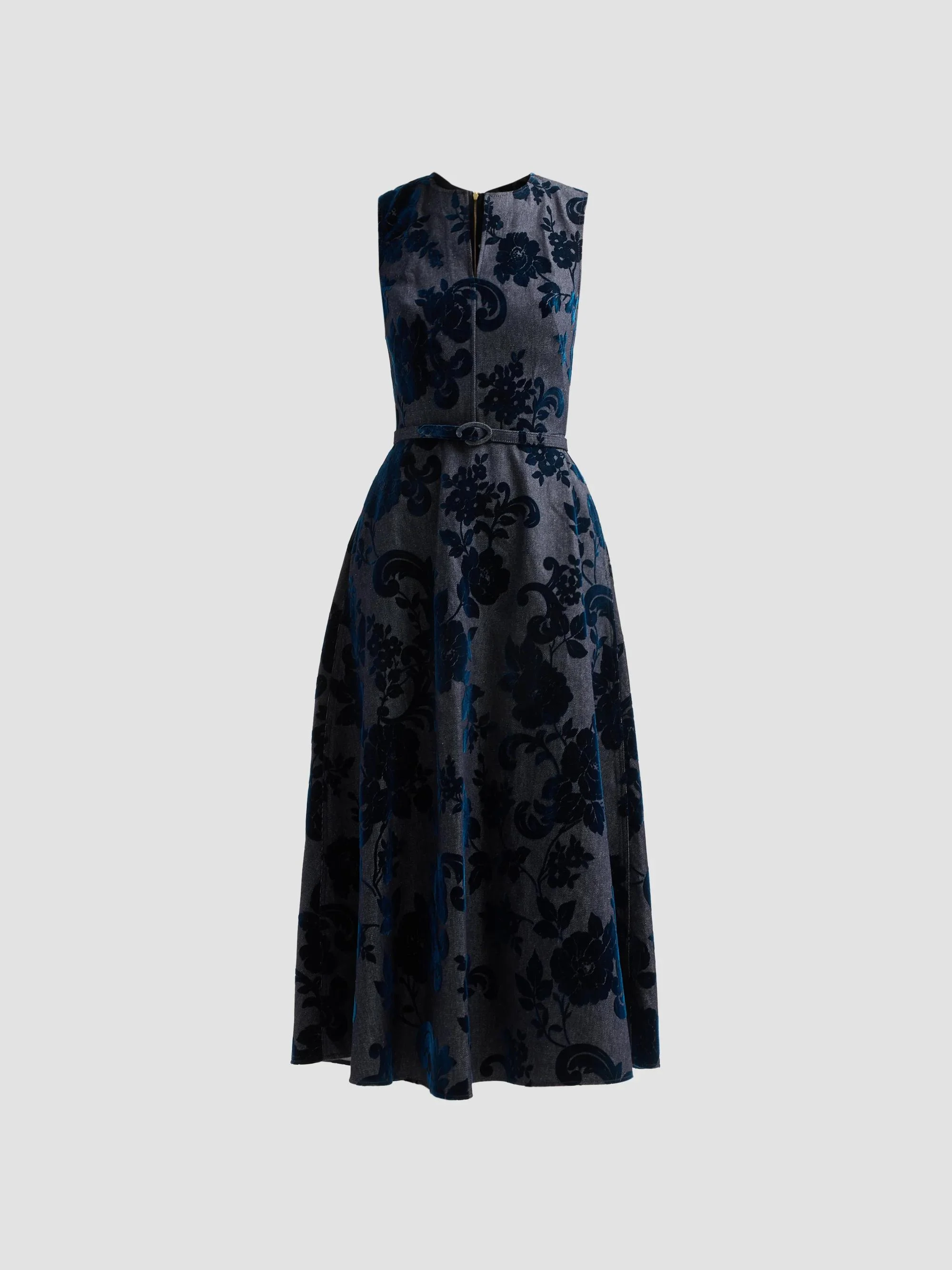 Women's Resort Floral Flocked Denim Day Dress - Denim Navy - 1