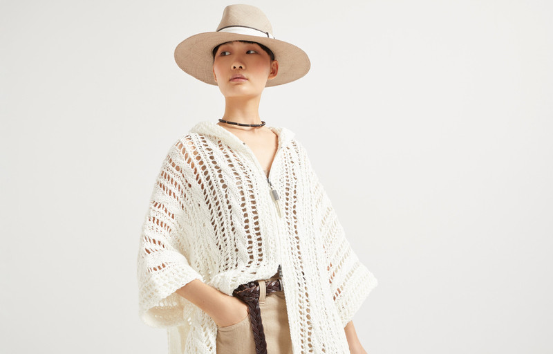 Jute and cotton cable & mesh hooded cardigan with shiny zipper pull 6