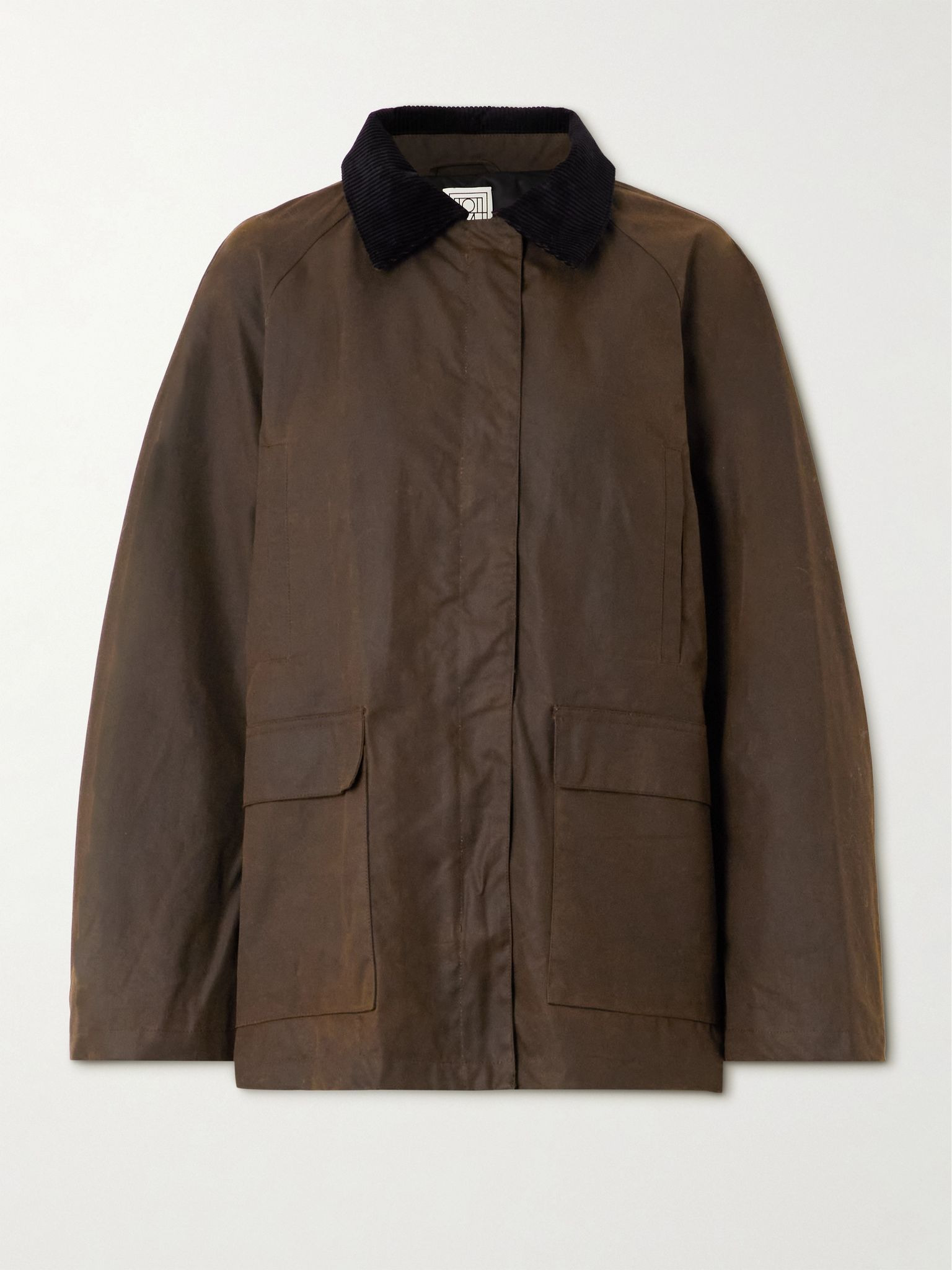Oversized corduroy-trimmed waxed organic cotton jacket Brown - 1