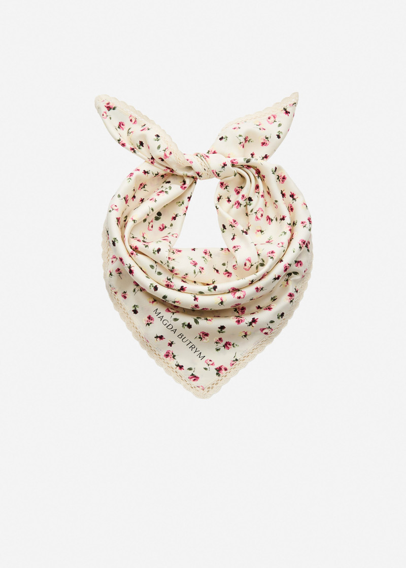 Floral silk scarf with lace trim in cream 1