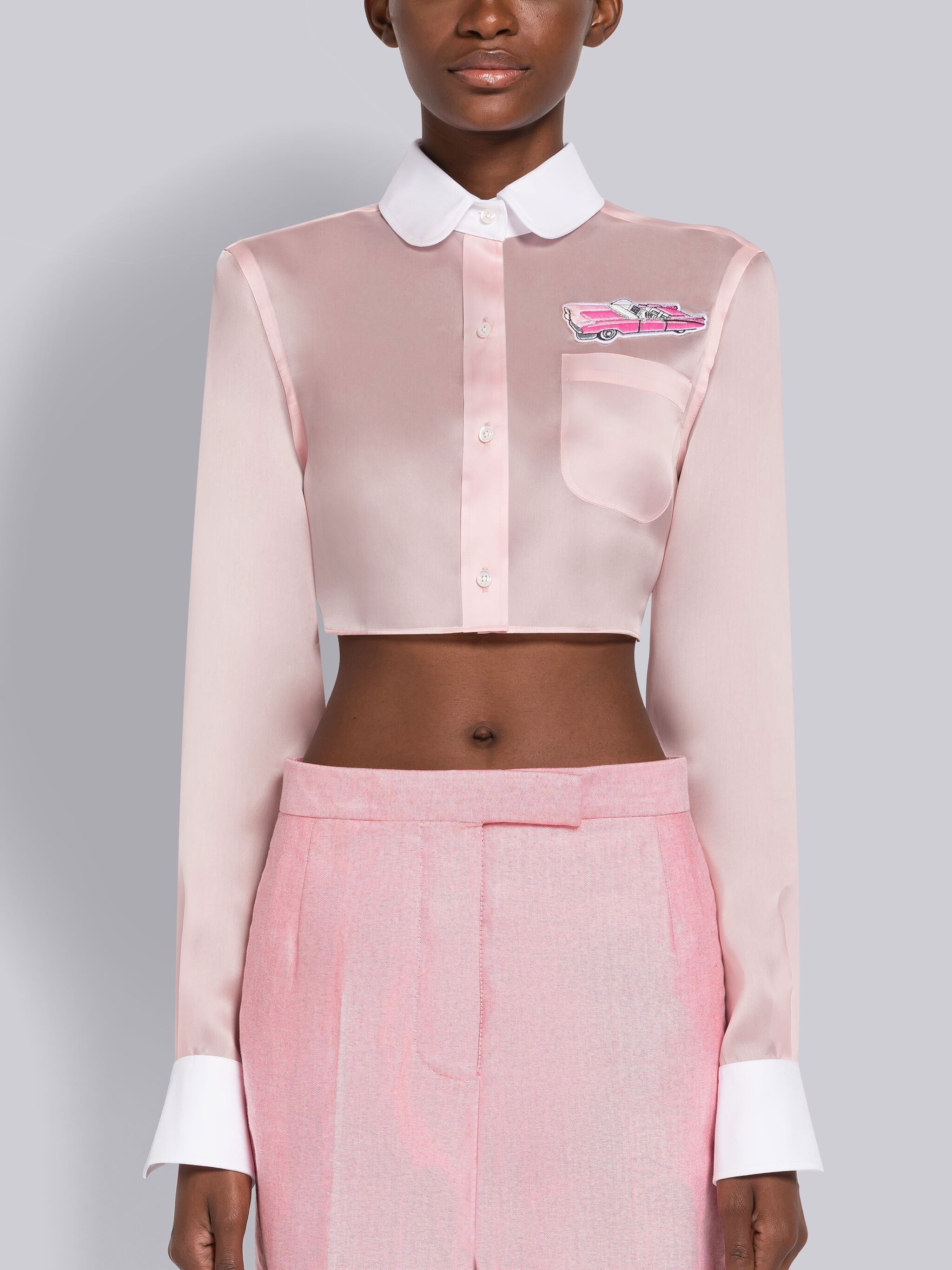 Double Satin Organza Combo Cropped Round Collar Shirt - 1