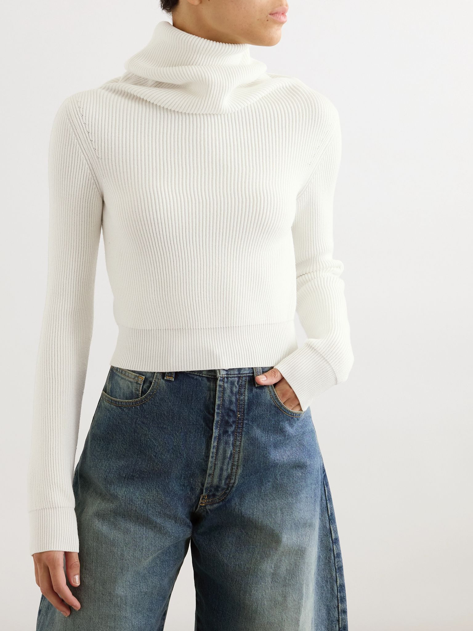 Hooded cropped ribbed wool-blend sweater White - 3