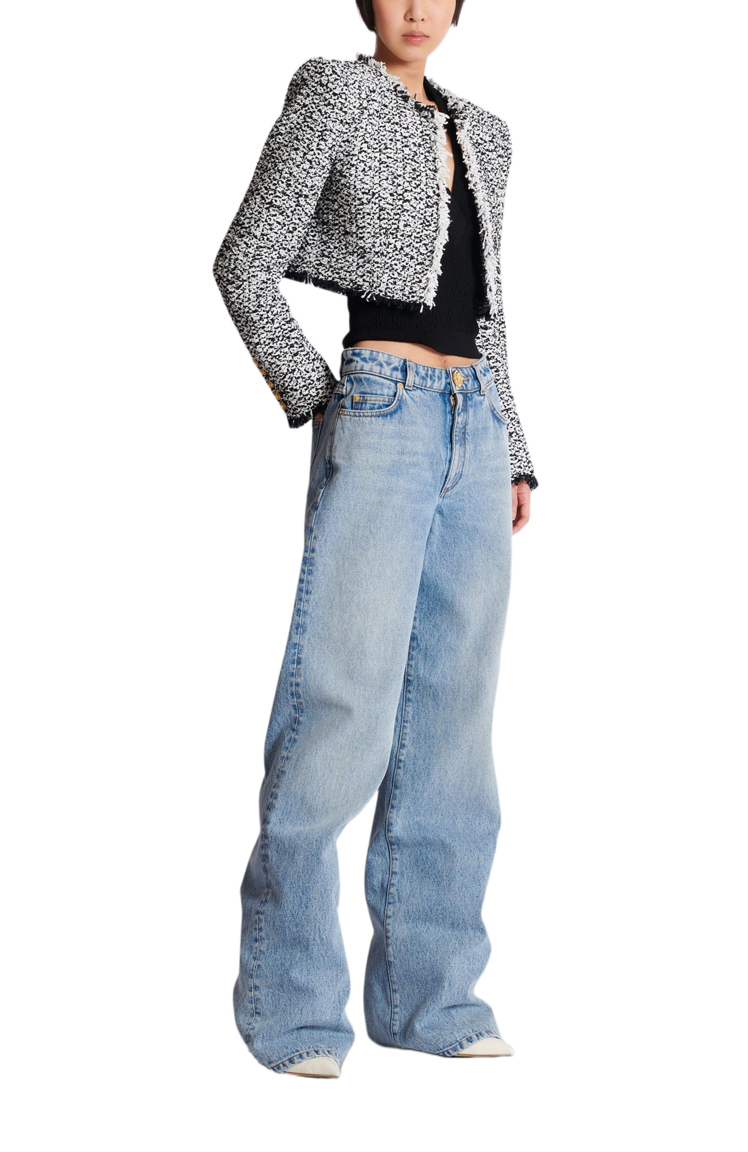 Balmain Cropped Tweed Jacket in Black at Nordstrom - 1