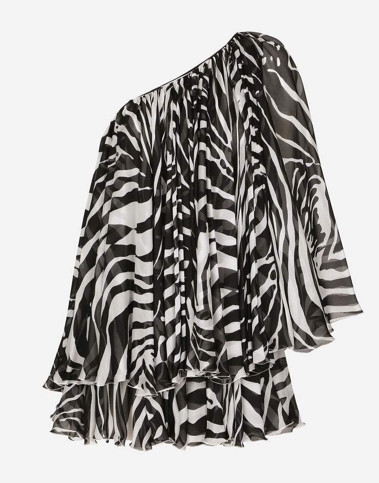 Short one-shoulder chiffon dress with zebra print - 3