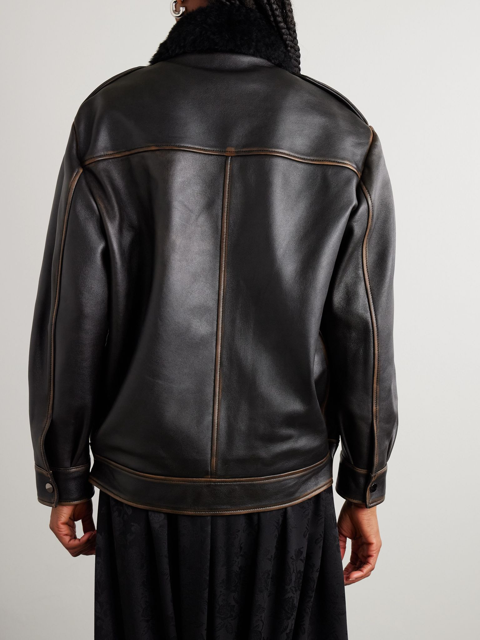 Drey distressed shearling-trimmed leather jacket Black - 4