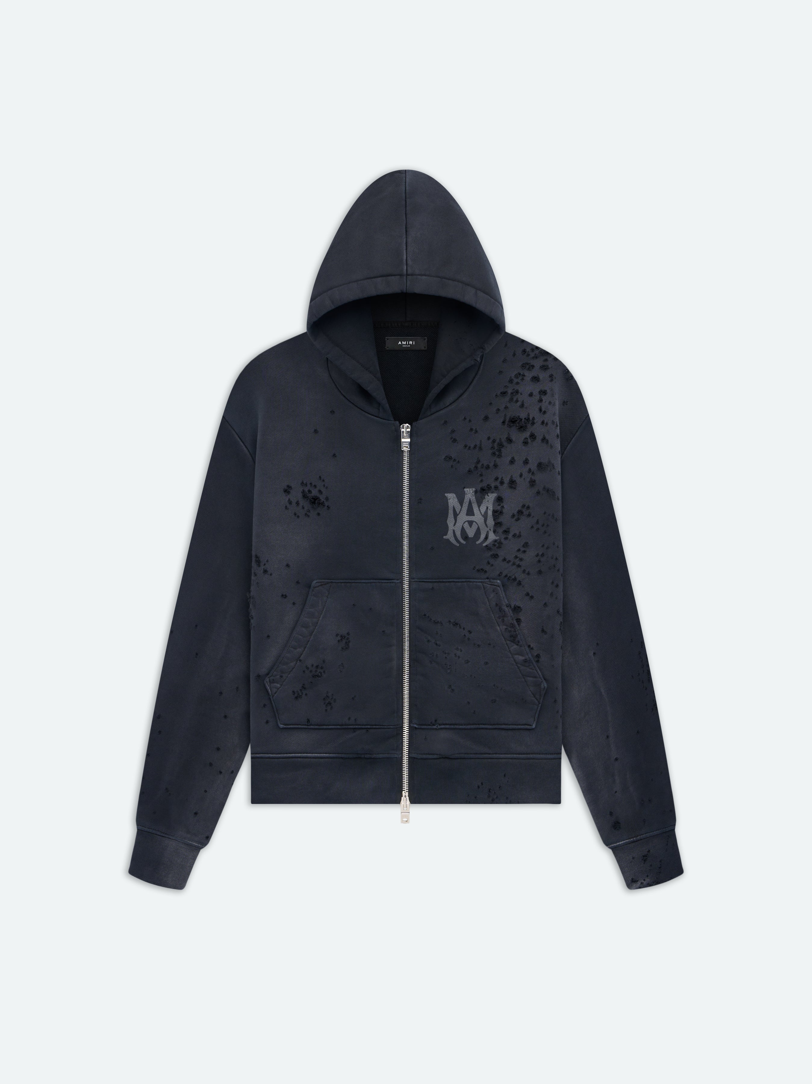 AMIRI ショットガンダメージ ジップパーカー MA Logo Shotgun Logo Shotgun Zip Hoodie Faded Black | The Webster