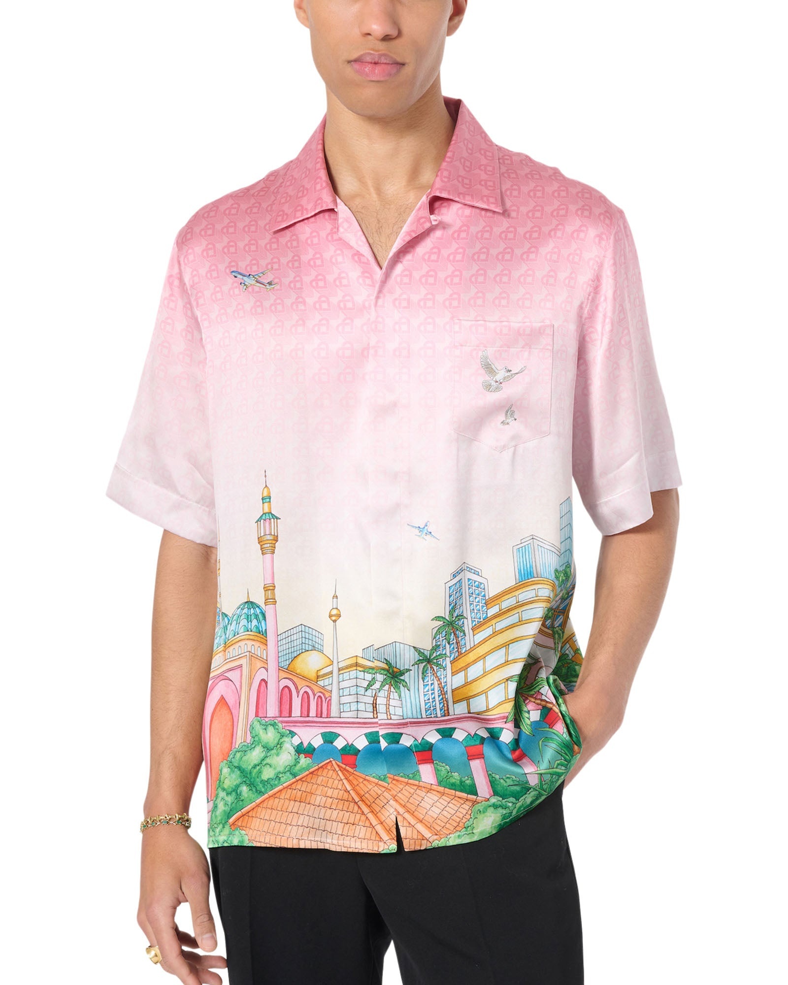 CASABLANCA RAINBOW MONOGRAM CUBAN COLLAR SILK SHIRT