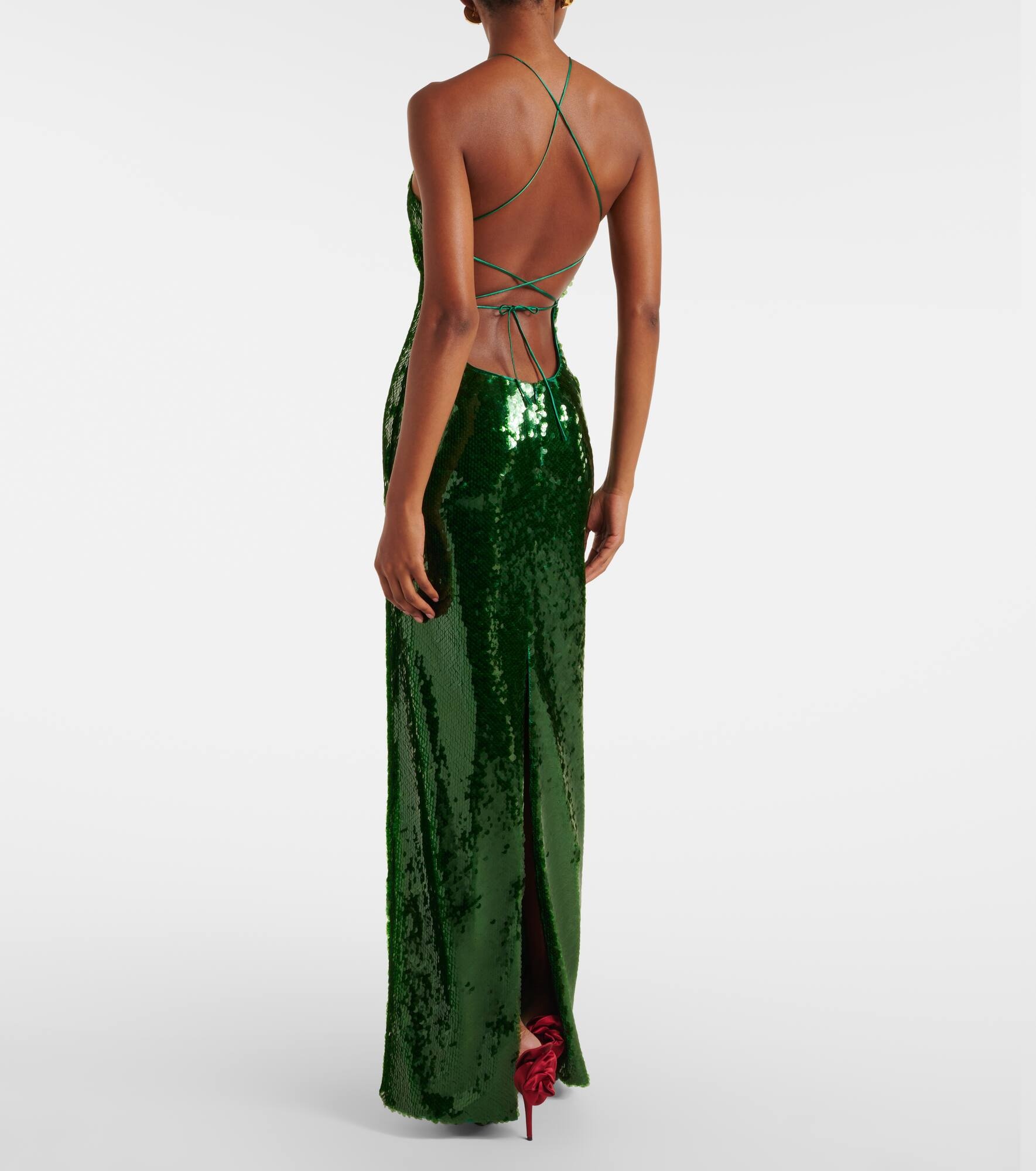 Floral-appliqué sequined halterneck gown - 3