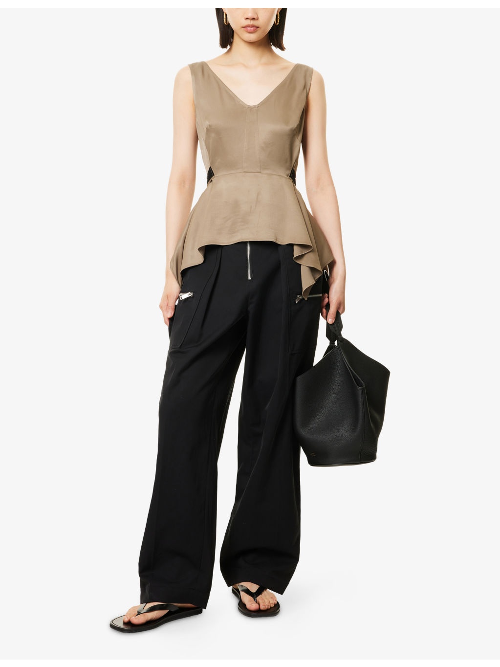 V-Neck Sleeveless Flounce Satin Top - 2
