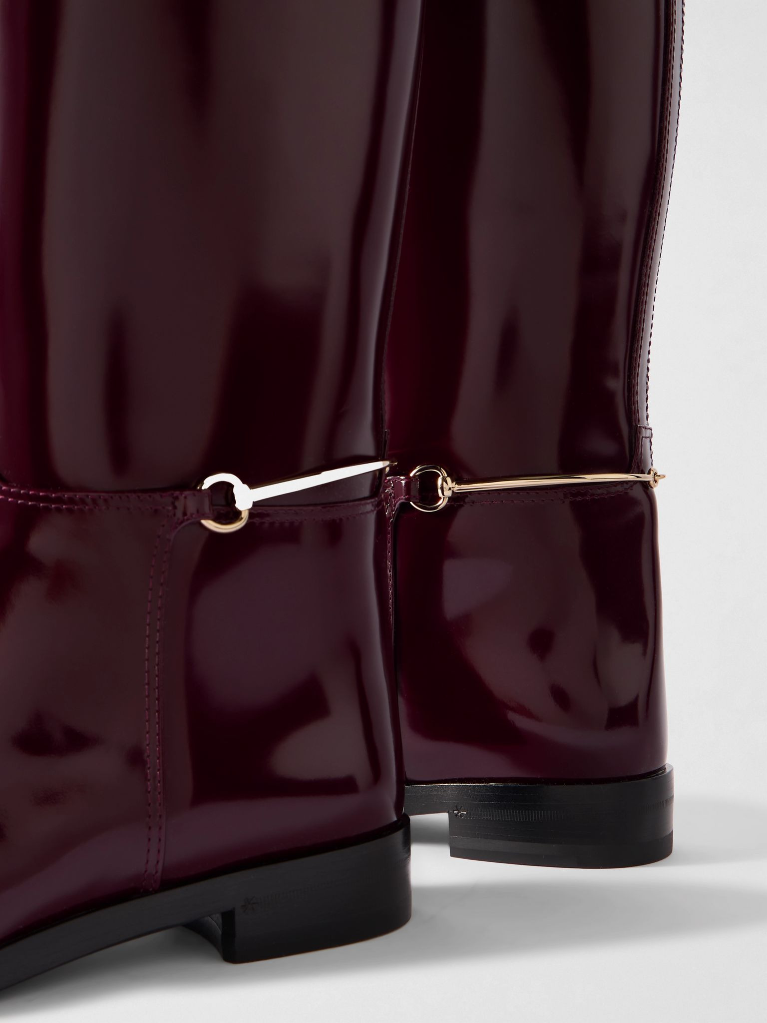 Webbing-trimmed horsebit-embellished patent-leather knee boots Burgundy - 5