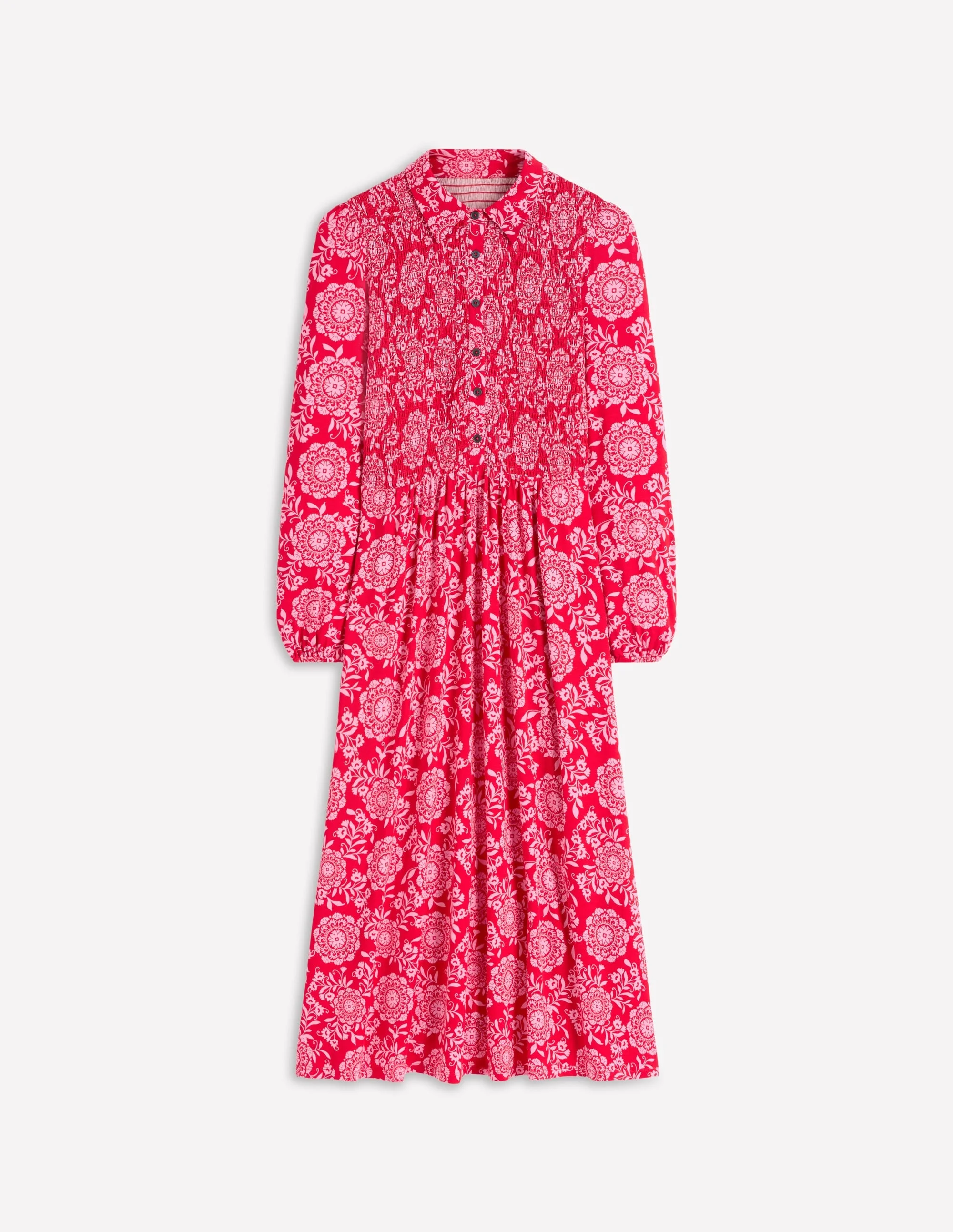 Smocked Jersey Shirt Dress-Merida Red, Decorative Blossom - 1